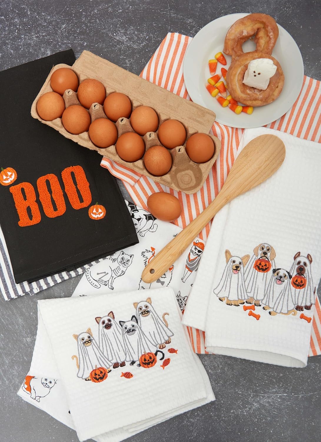 C&F Home Jack O' Lantern Boo Halloween Dishtowel Set of 2 Festive Spooky Scary Cute Pumpkin Black Towel Striped Towel Bathroom Kitchen Drying Dish Hand Towel Decor Decoration S/2 Black