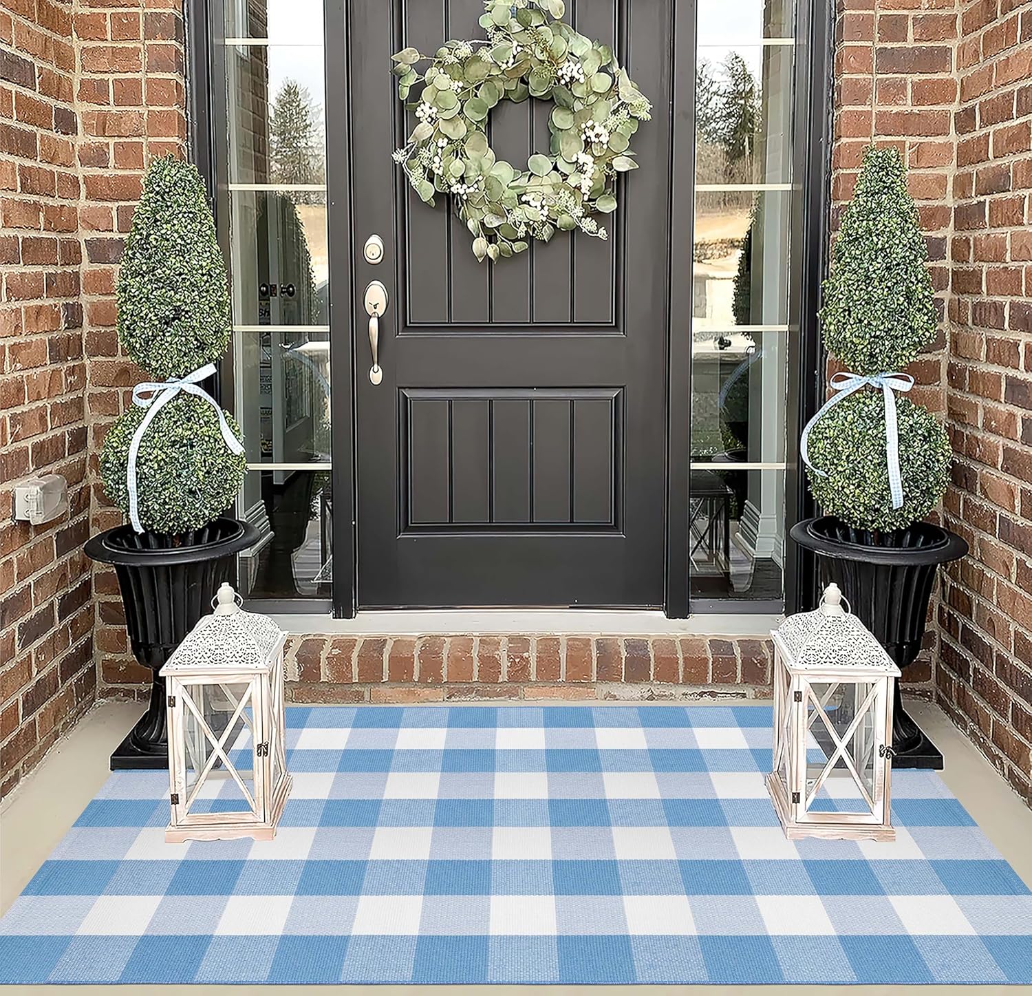 3'x5' Outdoor Rug,Blue and White Buffalo Checkered Porch Mat Farmhouse Washable Front Door Mat Outdoor for Hello Welcome Mat,Bedroom,Entryway,Patio