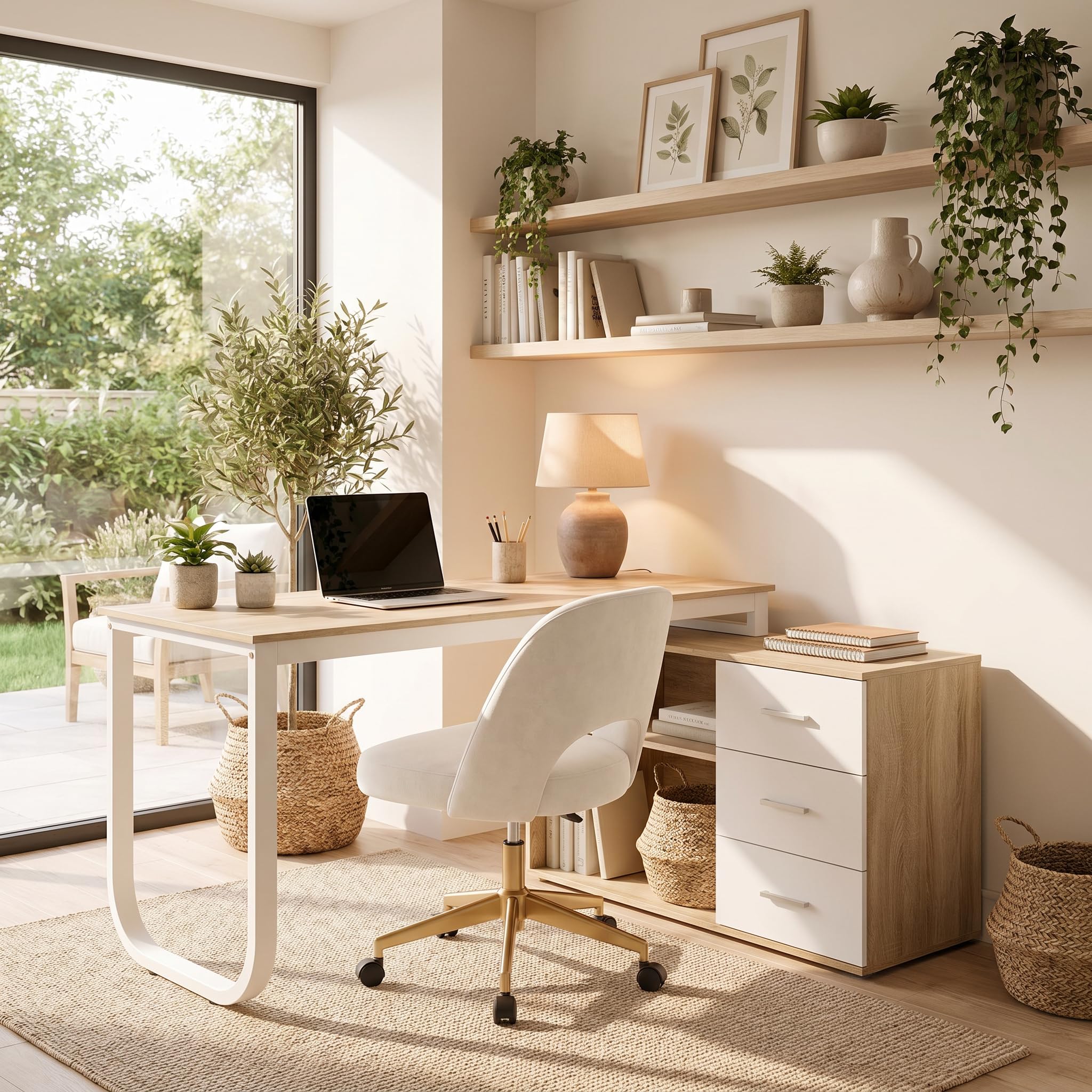 DEZAGCE White L Shaped Desk, Reversible Computer Desk with Storage Drawer, Adjustable Shelf, Corner Desk for Home Office, Study, Gaming, White (Natural Wood)