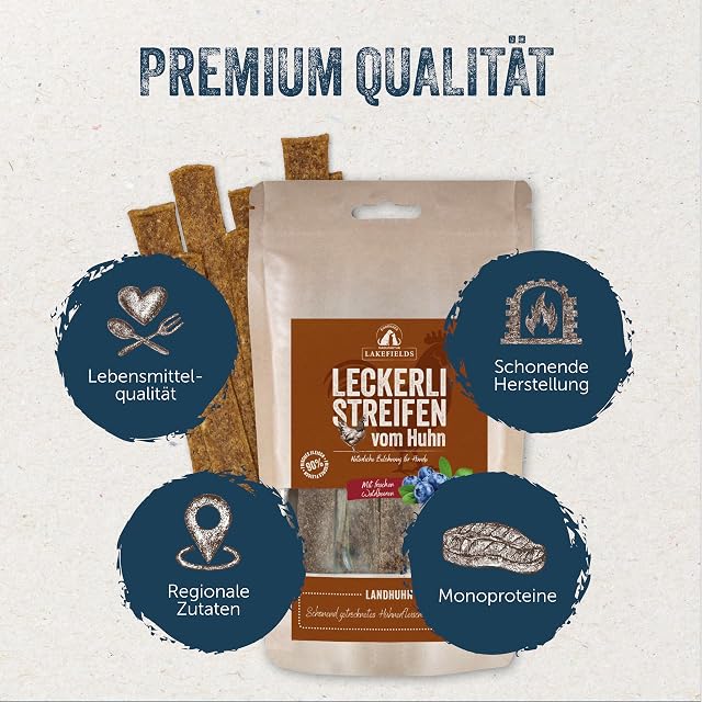 Foto 2 de 5 de LAKEFIELDS MANUFACKTUR - Tiras de carne seca para perros (pollo de campo, aperitivo para perros con carne…