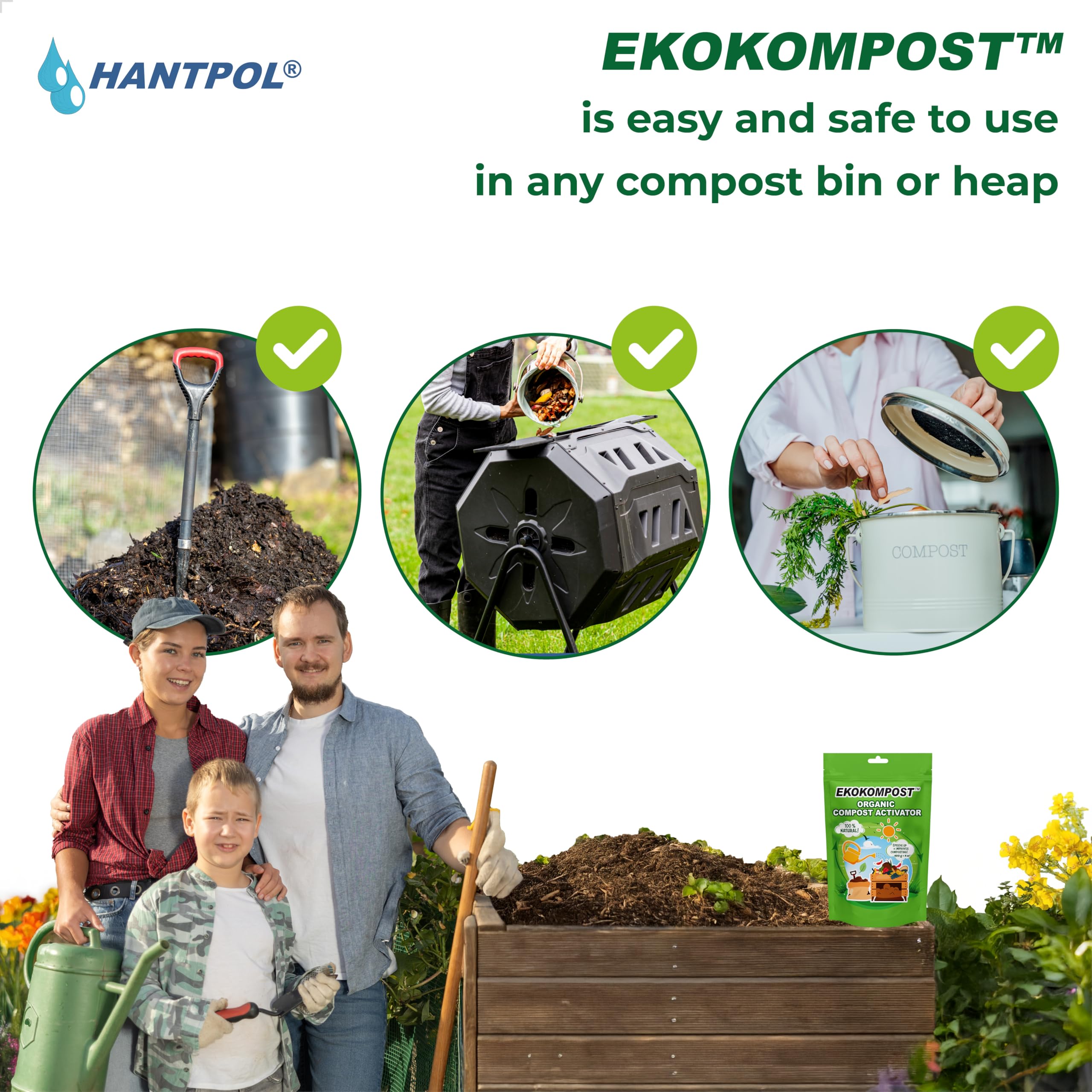 EKOKOMPOST przyspieszacz kompostowania - Naturalny mikrobiologiczny środek wspomagający kompostowanie -Pożyteczne bakterie i grzyby - 2x 400g na 8000 litrów/8m3 kompostu