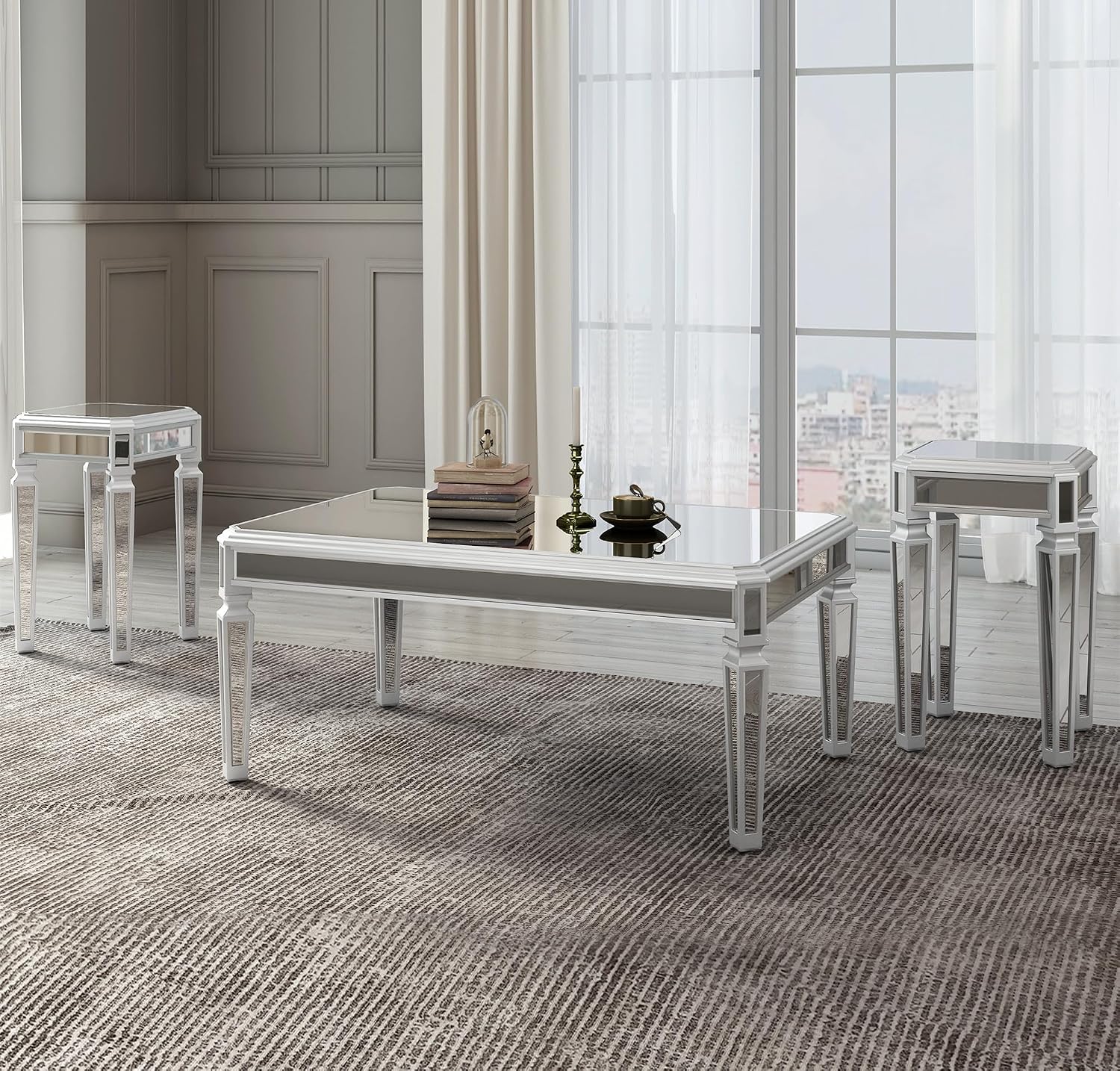 SSLine 3-Piece Mirrored Coffee Table Set with End Tables Modern Silver