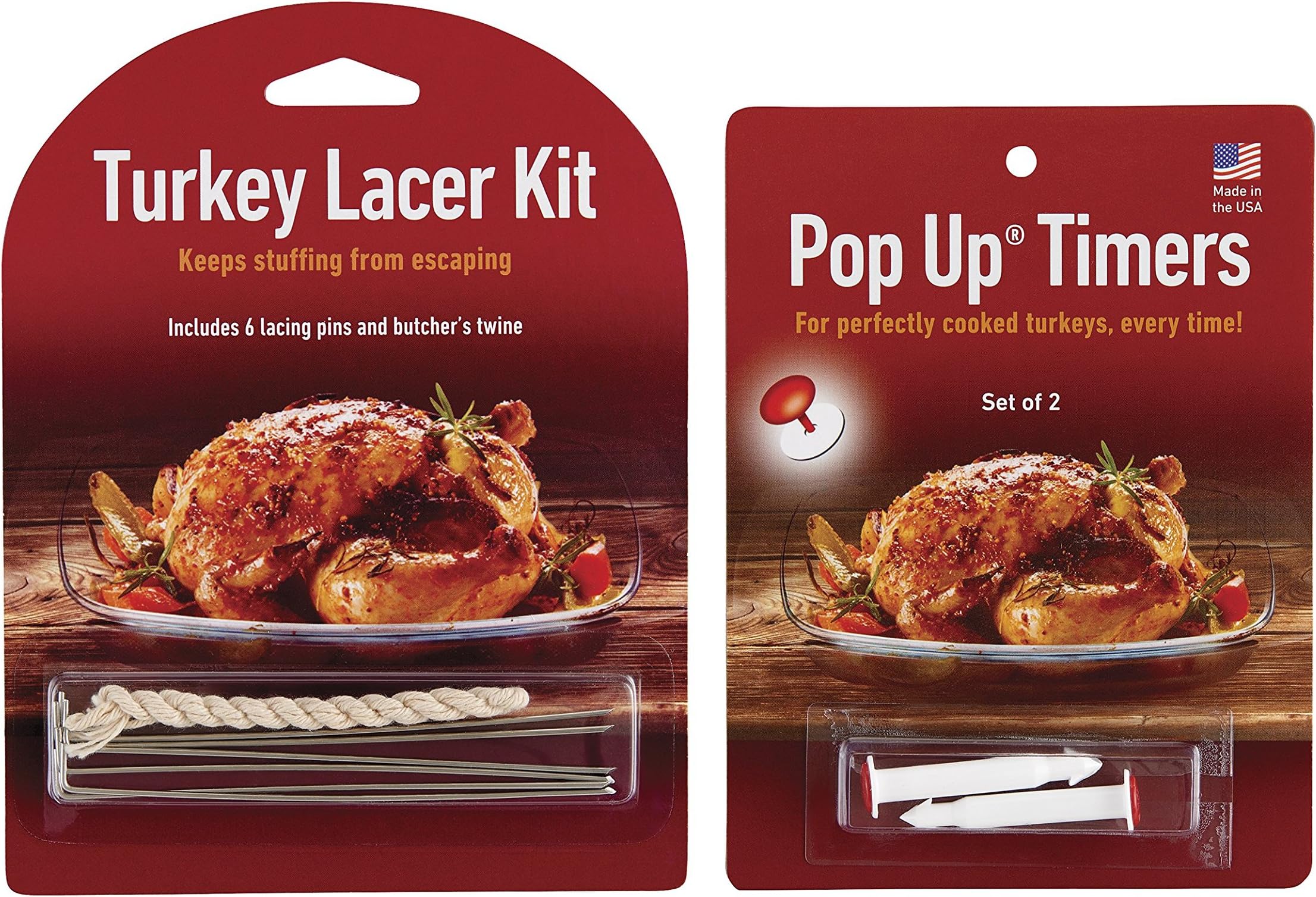 HIC Roasting Turkey Lacer and Pop Up Timer Kit, Includes 2 Pop-Up Timers, 6 Stainless Steel Pins, and Cotton Butcher’s Twine.