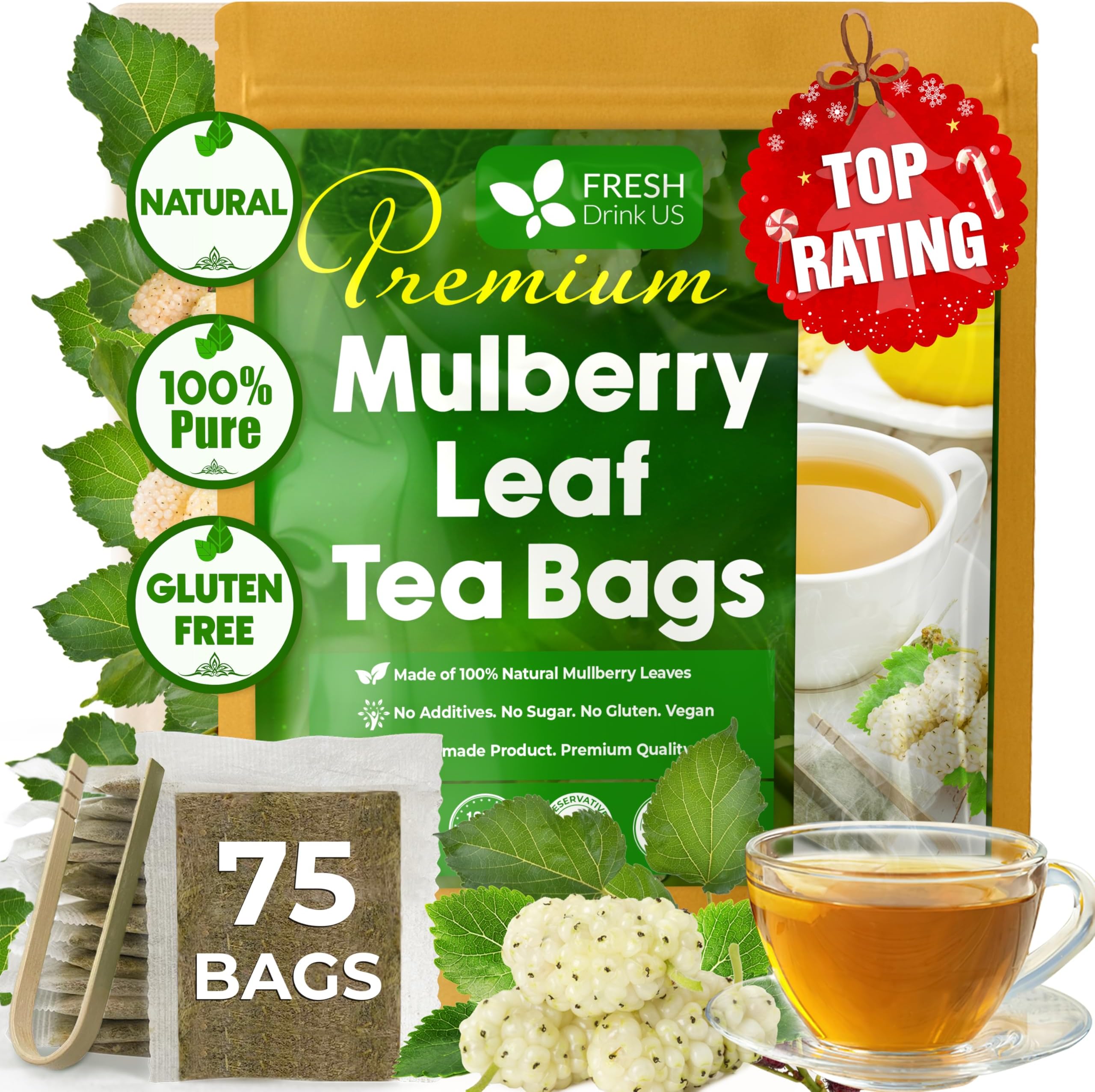 FreshDrinkUS Premium 75 Mulberry Leaf Tea Bags, 100% Natural & Pure. Loose Leaf Herbal Tea. Made with Natural Material Tea Bags. No Sugar, No Caffeine, No Gluten, Vegan