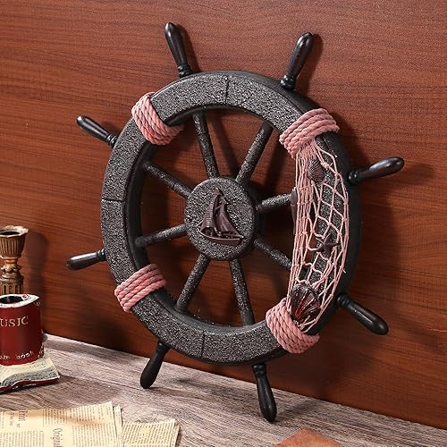 Miniatura 9 de VOSAREA Decoración de rueda náutica, volante de barco rústico, red de pesca, escultura de pared, timón, adorno para colgar, adorno náutico para