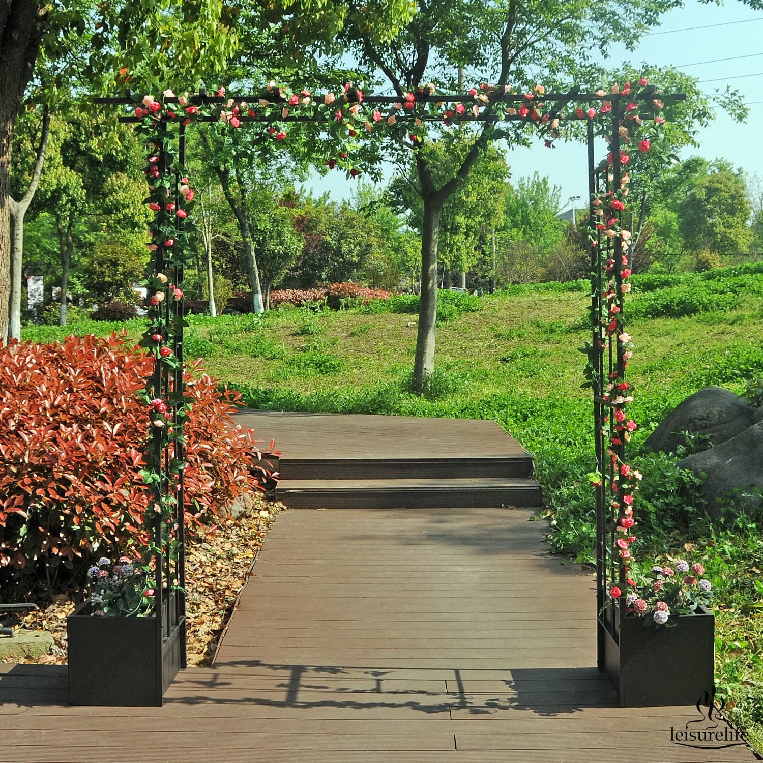 leisurelife Traditional 7 Ft Steel Garden Arches Arbors Trellis with Planters Outdoor Lawn Backyard Patio Arches Wedding Bridal Party Arch Stand Brownish Bronze