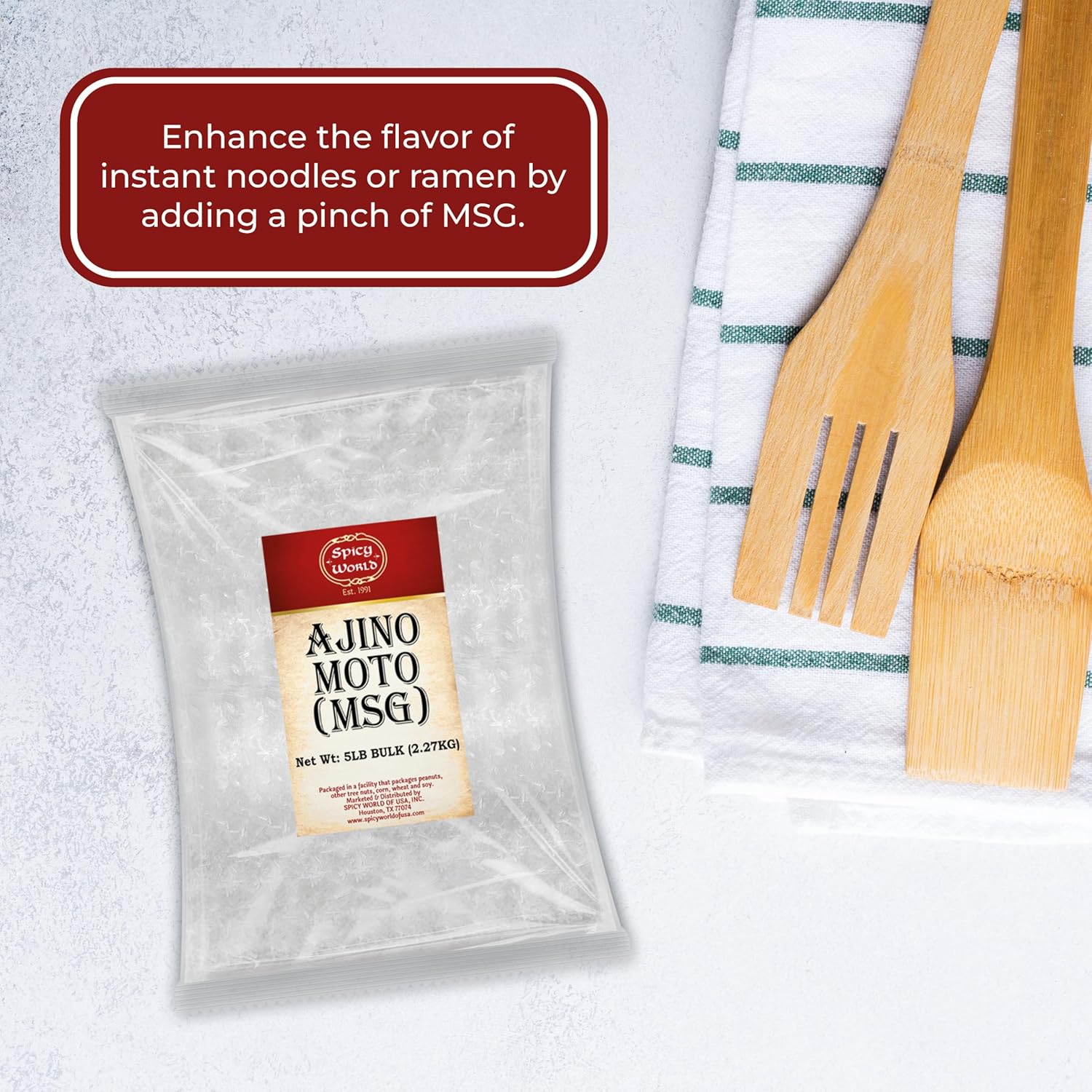 Spicy World MSG 5 Pound Bulk Bag - Flavor Enhancer, Monosodium Glutamate Seasoning, Umami Seasoning