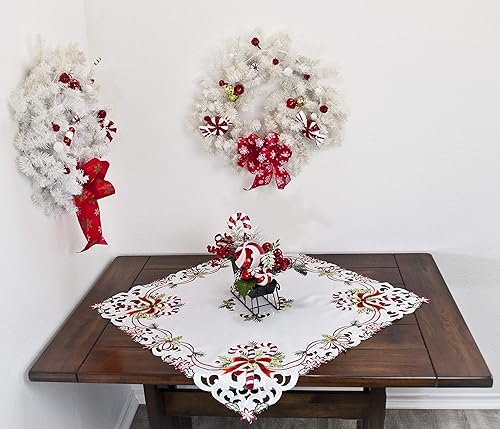 Miniatura 4 de Bastón de caramelo bordado de Navidad y cinta de Navidad, centro de mesa, mantel en marfil (cuadrado de 33 pulgadas)