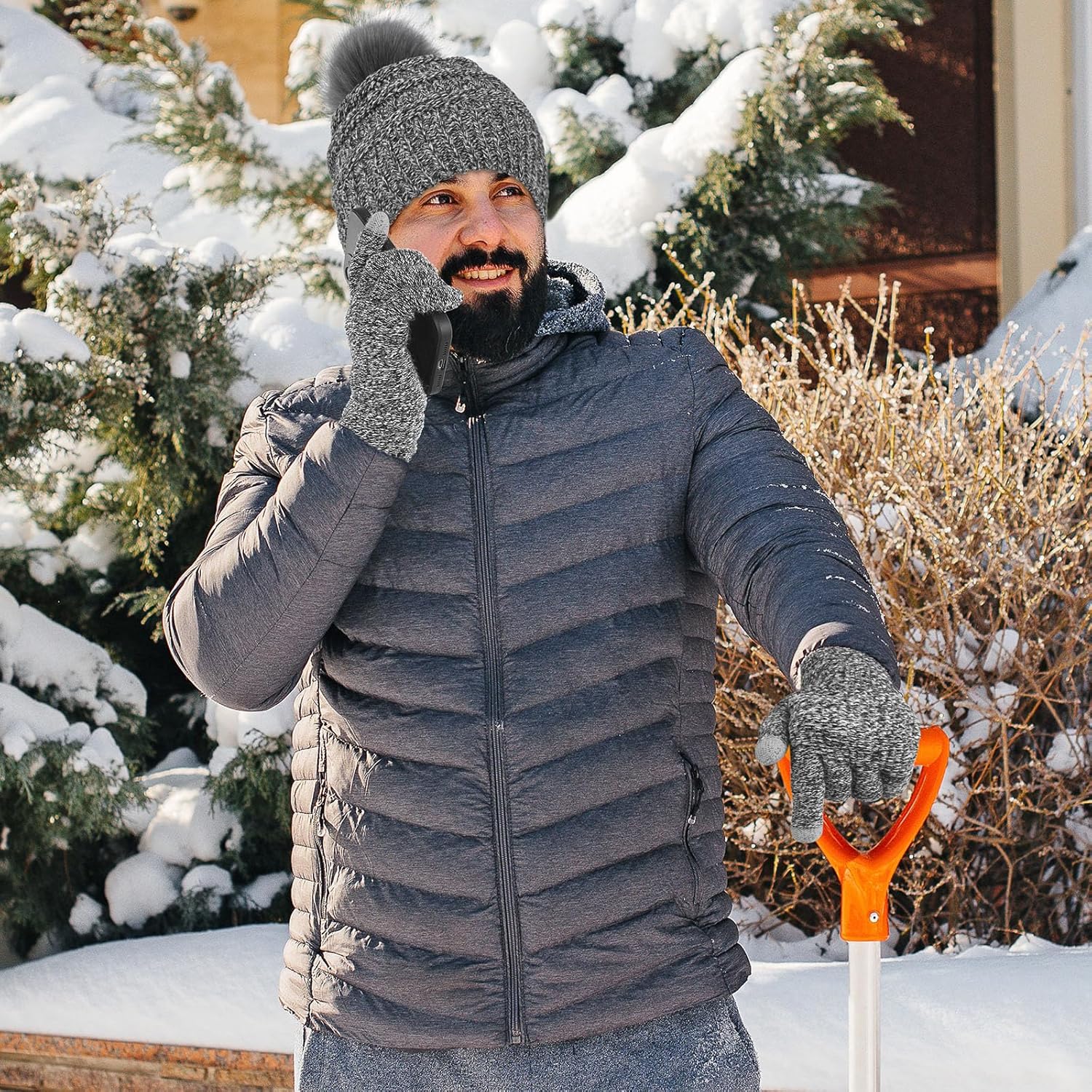 Aneco Womens Winter Warm Sets Knitted Fur Pompoms Beanie Hat Circle Loop Scarf Touch Screen Gloves Winter Favor Accessories - Image 7