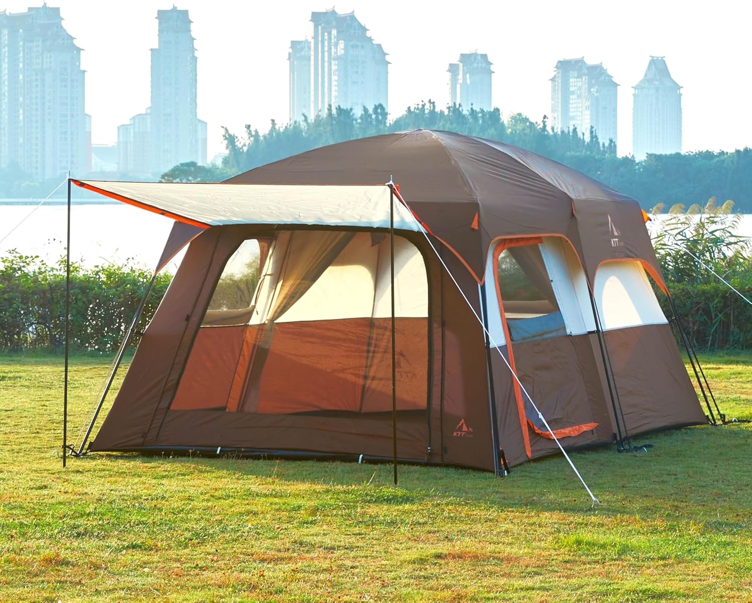 KTT Extra Large Tent 10-12-14 Person(Style-B),Family Cabin Tents,2 Rooms,3 Doors and 3 Windows with Mesh,Straight Wall,Waterproof,Double Layer,Big Tent for Outdoor,Picnic,Camping,Family Gathering
