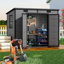 Pipleo 6x4.4 FT Outdoor Storage Resin Shed with Floor, All-Weather Plastic Garden Shed with Lockable Door & Windows, Waterproof Tool Shed for Backyard, Patio, Lawn, Tools Storage - Dark Gray