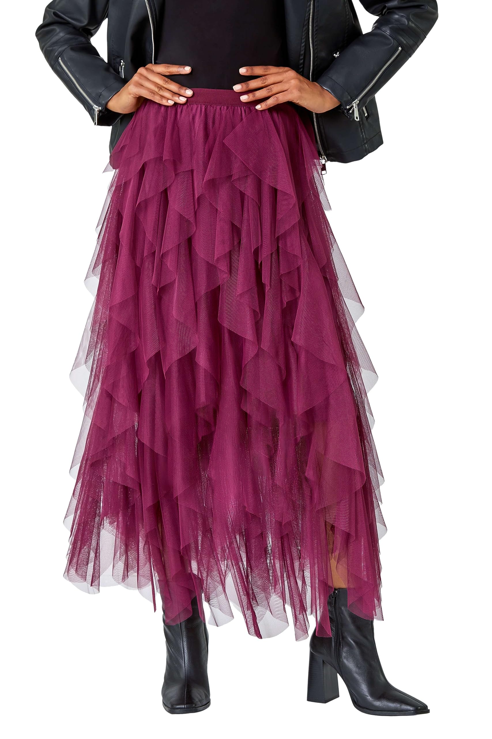 Roman Originals Women Elasticated Mesh Layered Skirt - Ladies Spring Everyday Summer Evening Vacation Work Holiday Long Sleeve Smart Casual - Wine - Size 18