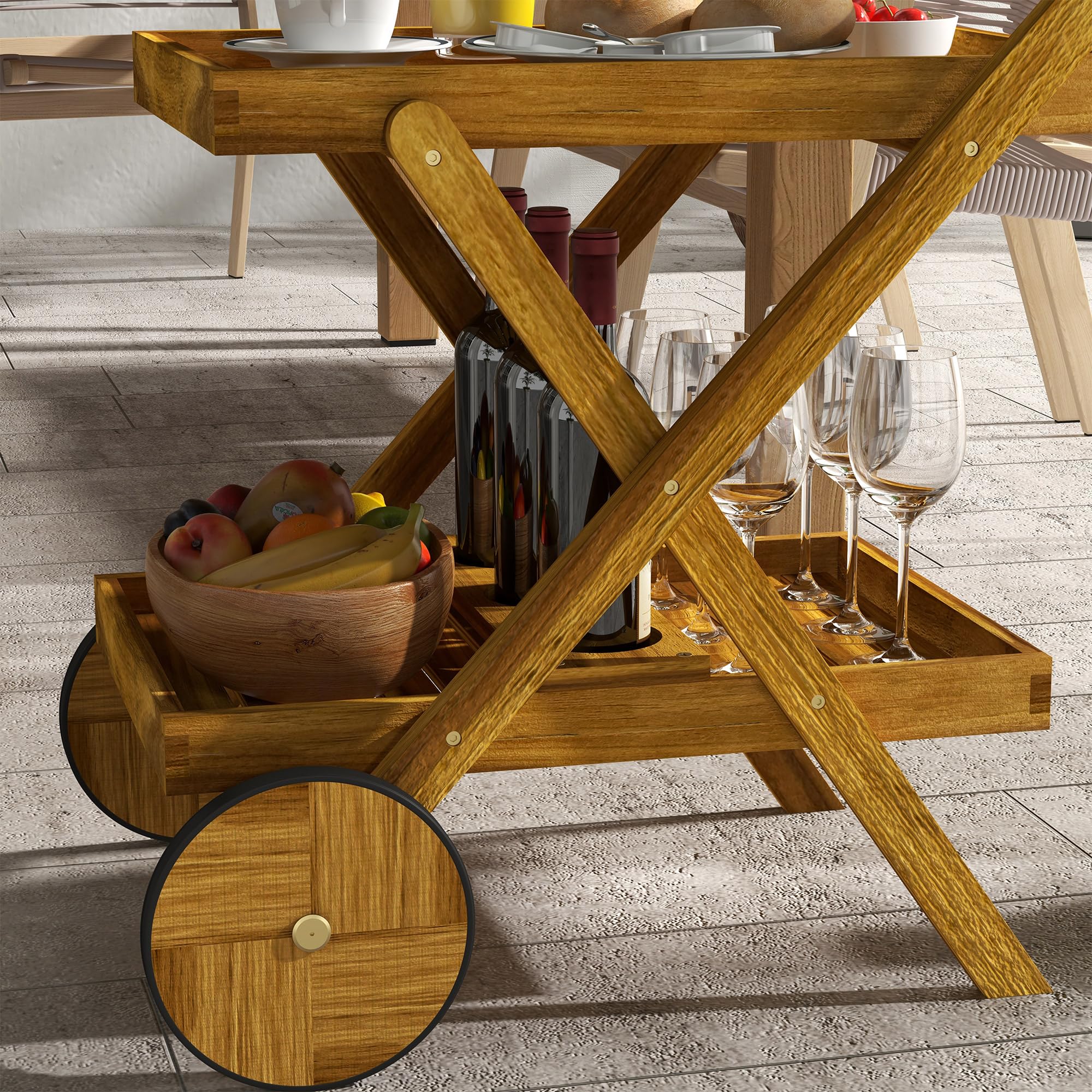 Outsunny Desserte de Jardin Chariot pour Barbecue en Bois avec 2 Plateaux, 3 casiers à Bouteilles et 2 Roues 52L x 71l x 74H cm Bois Naturel