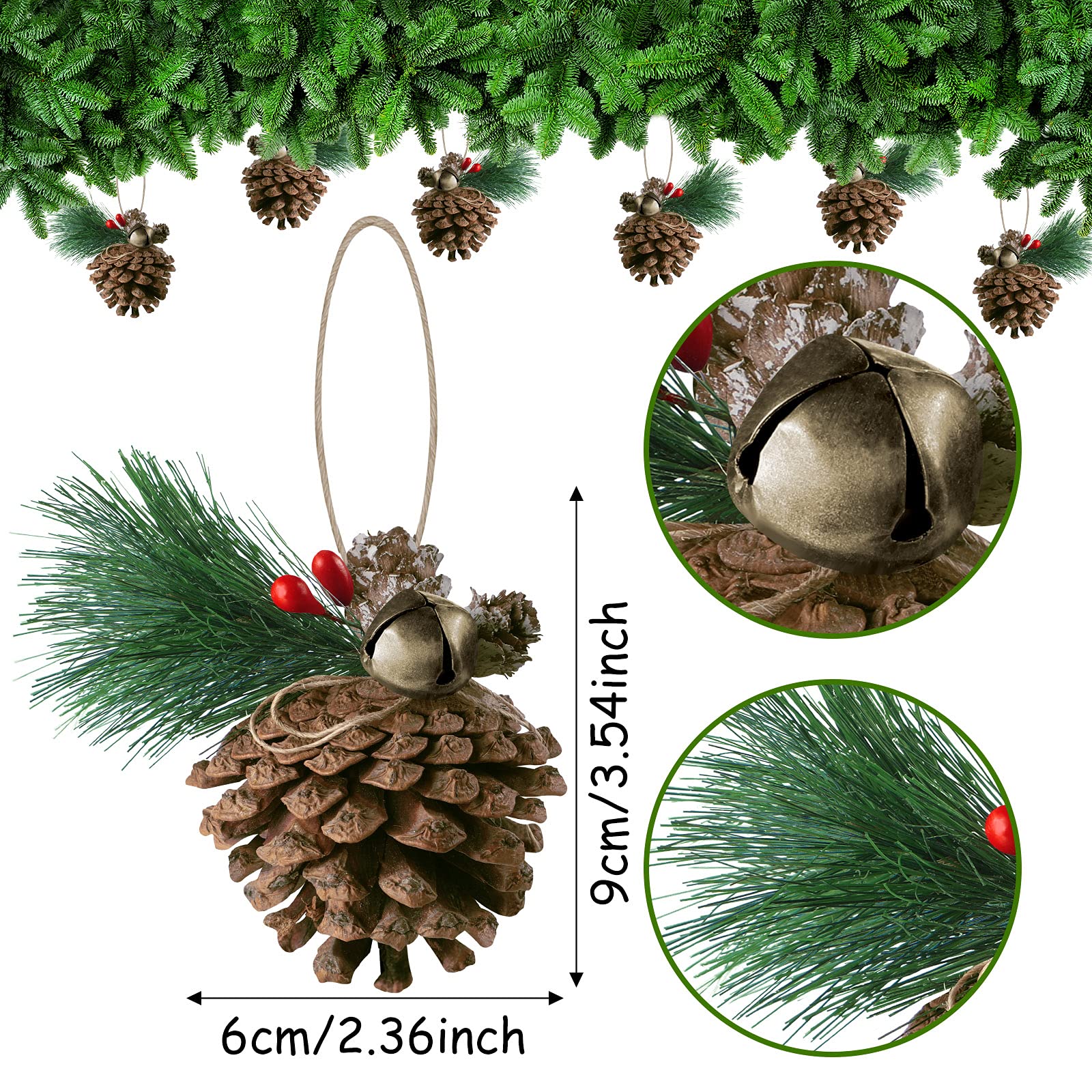 Lot de 12 décorations de Noël en forme de pomme de pin naturel avec clochette - Décoration rustique en bois pour l'automne, Halloween, Thanksgiving, arbre de Noël, décoration d'intérieur