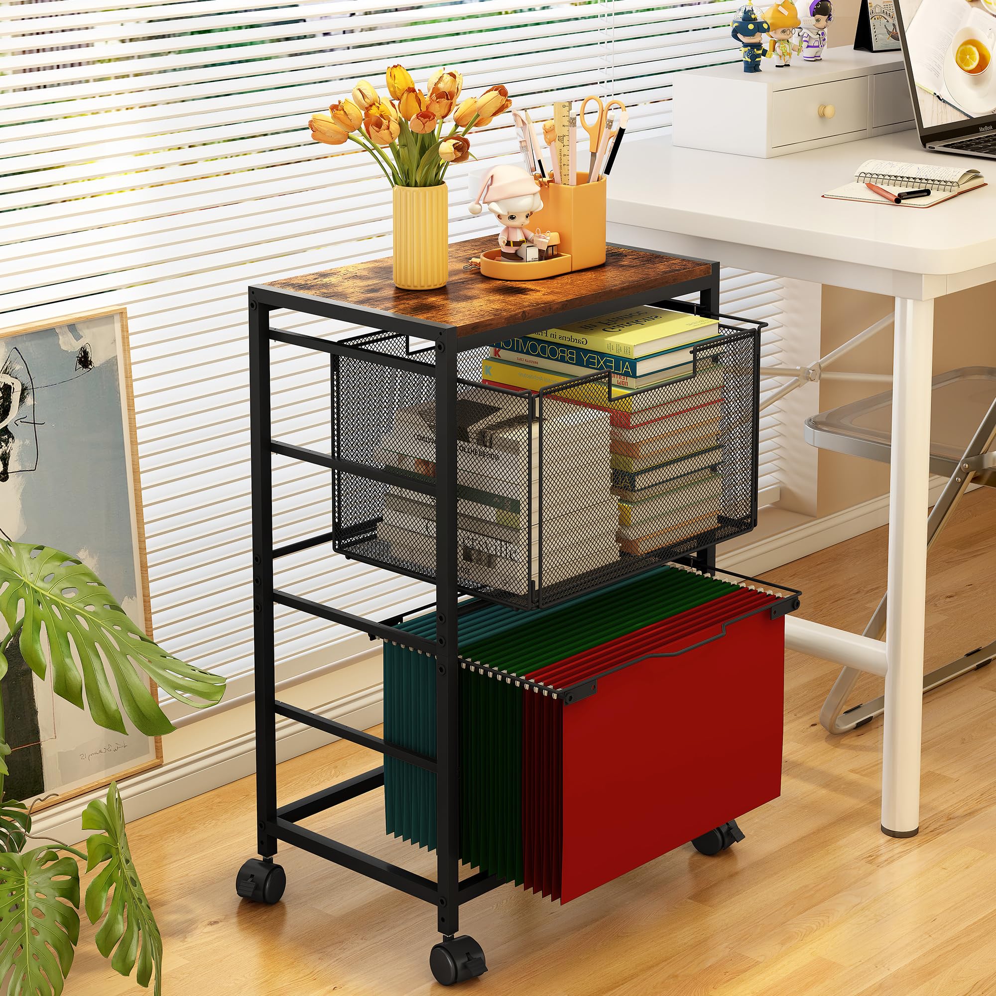 Carrello per schedario con rotelle, sotto la scrivania, con cassetti, schedario su ruote con organizer per cartelle sospese, per casa, ufficio, scuola, nero