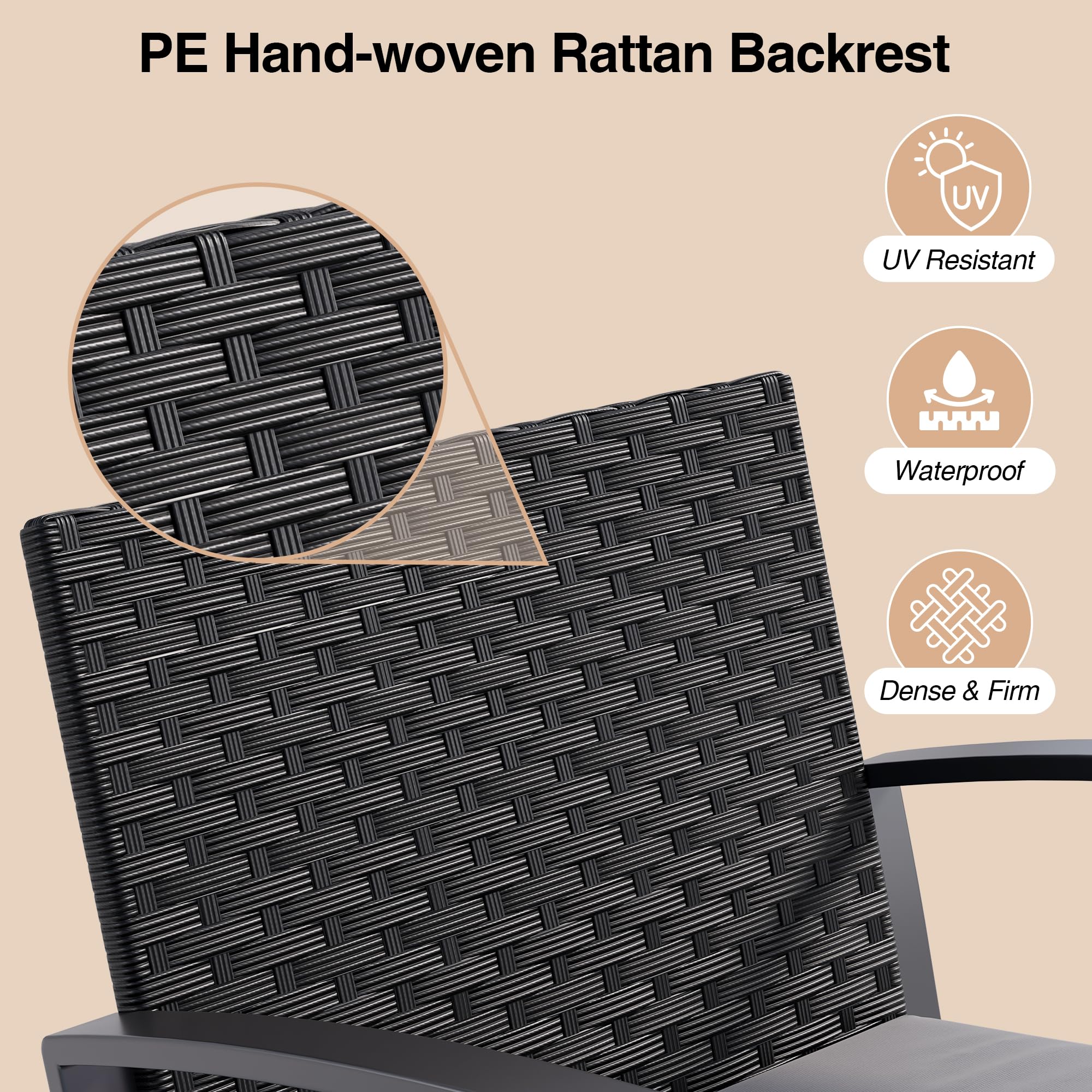 Qsun Juego de muebles de patio de 3 piezas para exteriores, juego de bistró mecedor, conversación de ratán al aire libre con mesa auxiliar para jardín, balcón, patio trasero, junto a la piscina (cojín