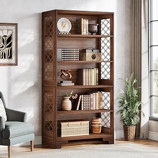 Tribesigns Bücherregal, 180cm hohes Vintage- Standregal, 6-stöckiges Bücherregal Holz,mit offenen Ausstellungsböden, für Wohnzimmer, Heimbüro, Industrie-Design, vintagebraun