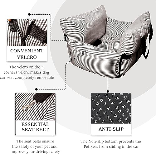 Miniatura 8 de Asiento de automóvil para perro, asiento de seguridad para mascotas, portátil, para mascotas pequeñas y medianas, desmontable y lavable con rayas