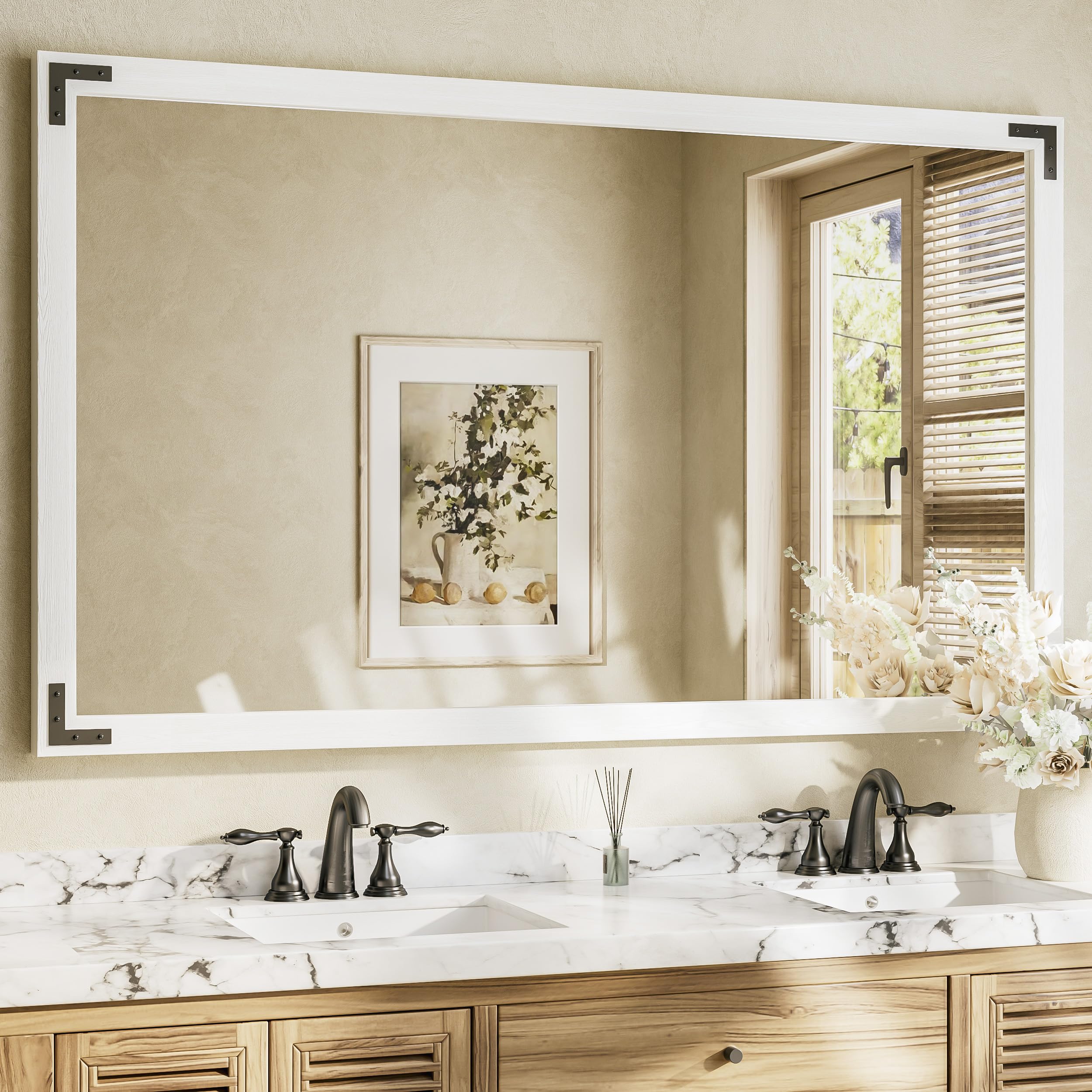 Amazon.com: TETOTE 60 x 36 Rustic White Bathroom Mirror Wood Frame ...