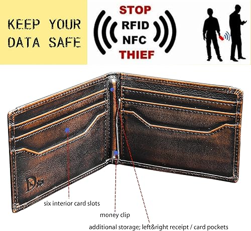 Miniatura 2 de DK86 Mens Deer Slim Wallet with Money Clip Minimalist Bifold Front Pocket wallet for Men RFID Blocking Full Grain Leather with Hand Burnished
