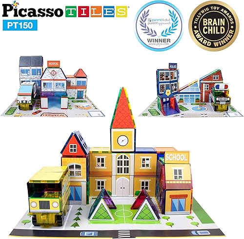 Miniatura 2 de PicassoTiles Juego de 150 azulejos magnéticos + figuras de personajes familiares, juego temático 3 en 1 para la estación de policía de hospital