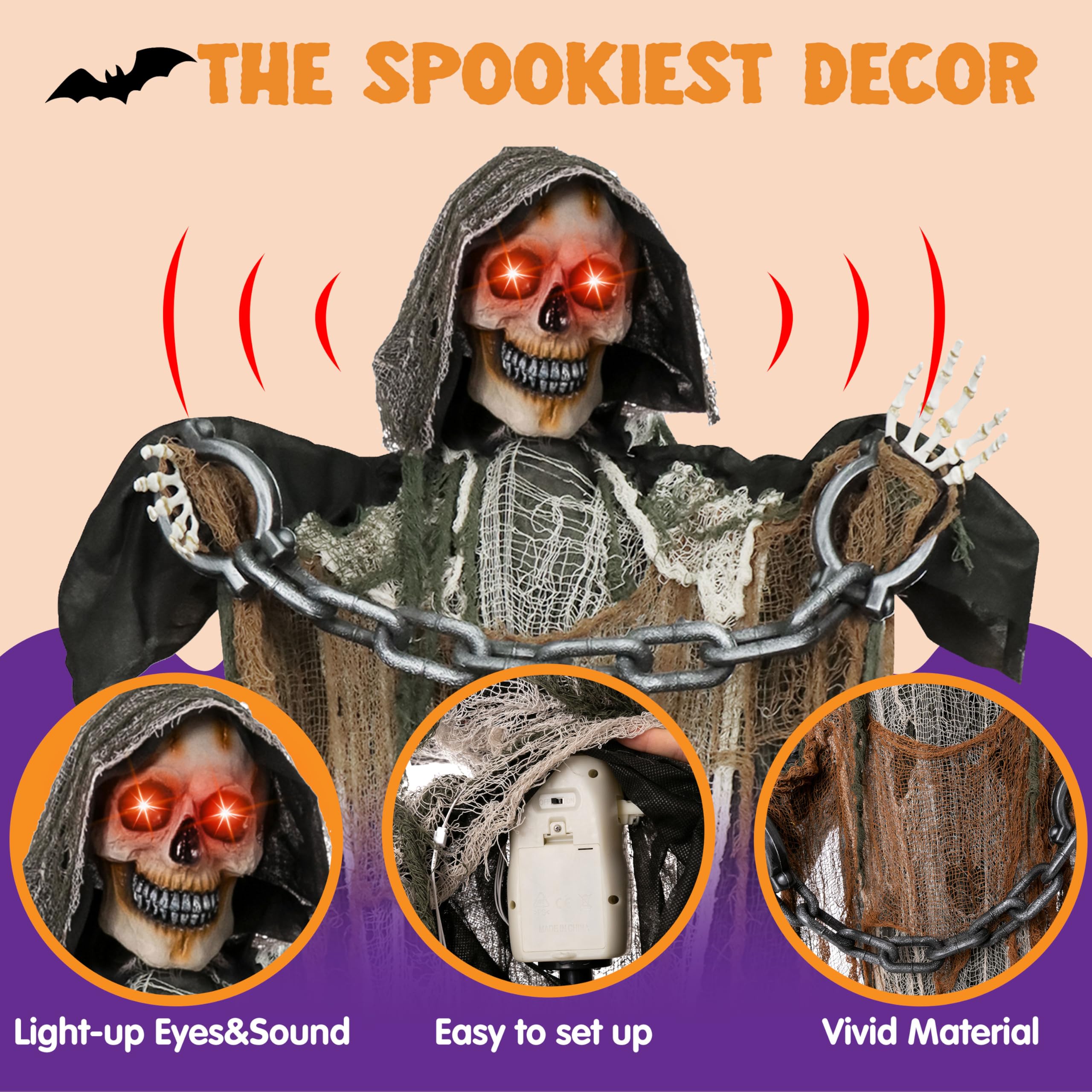 Décoration animée de la Faucheuse d'halloween, 175 cm, avec chaîne, Squelette Grandeur Nature avec Yeux Lumineux, Son Effrayant (activé par Le Son).
