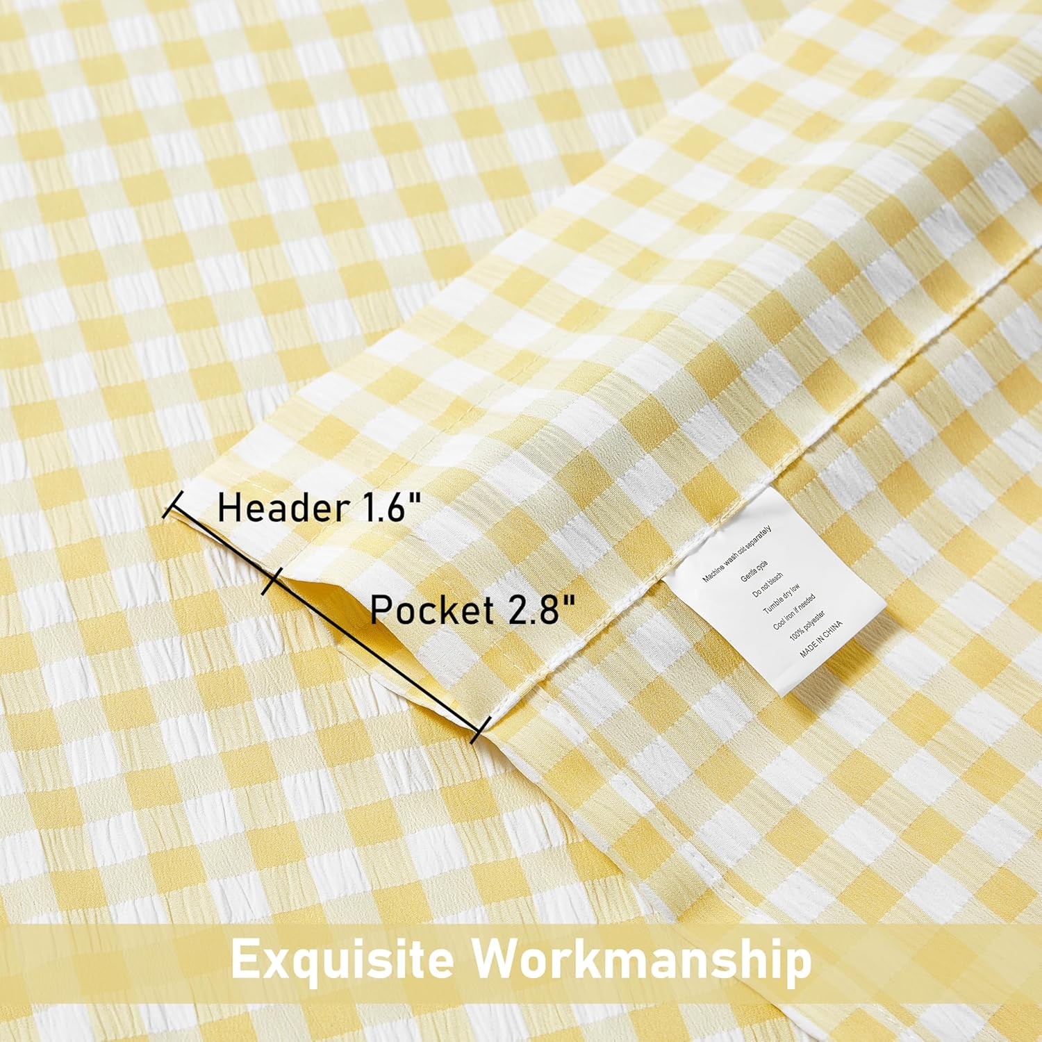 ZJDECOR Yellow White Crinkled Buffalo Plaid Short Curtains 63 Inches Long,Not-See-Through Sheer Panels,Cottage Window Treatment for Nursery Bedroom,Rod Pocket,Tiebacks Included,52" Wx63 L(Pack of 2)