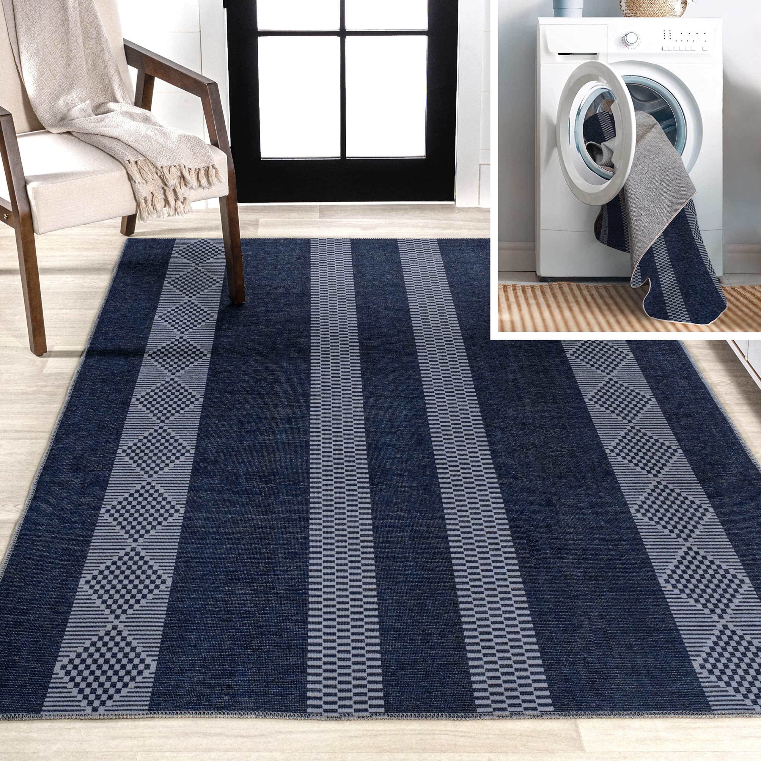 JONATHAN YWSH120A-3 Nautisk Trellis Stripe Machine-Washable Indoor Area Rug, Coastal Modern Contemporary Easy Cleaning,Bedroom,Kitchen,Living Room,Non Shedding, Navy/Ivory, 3 X 5