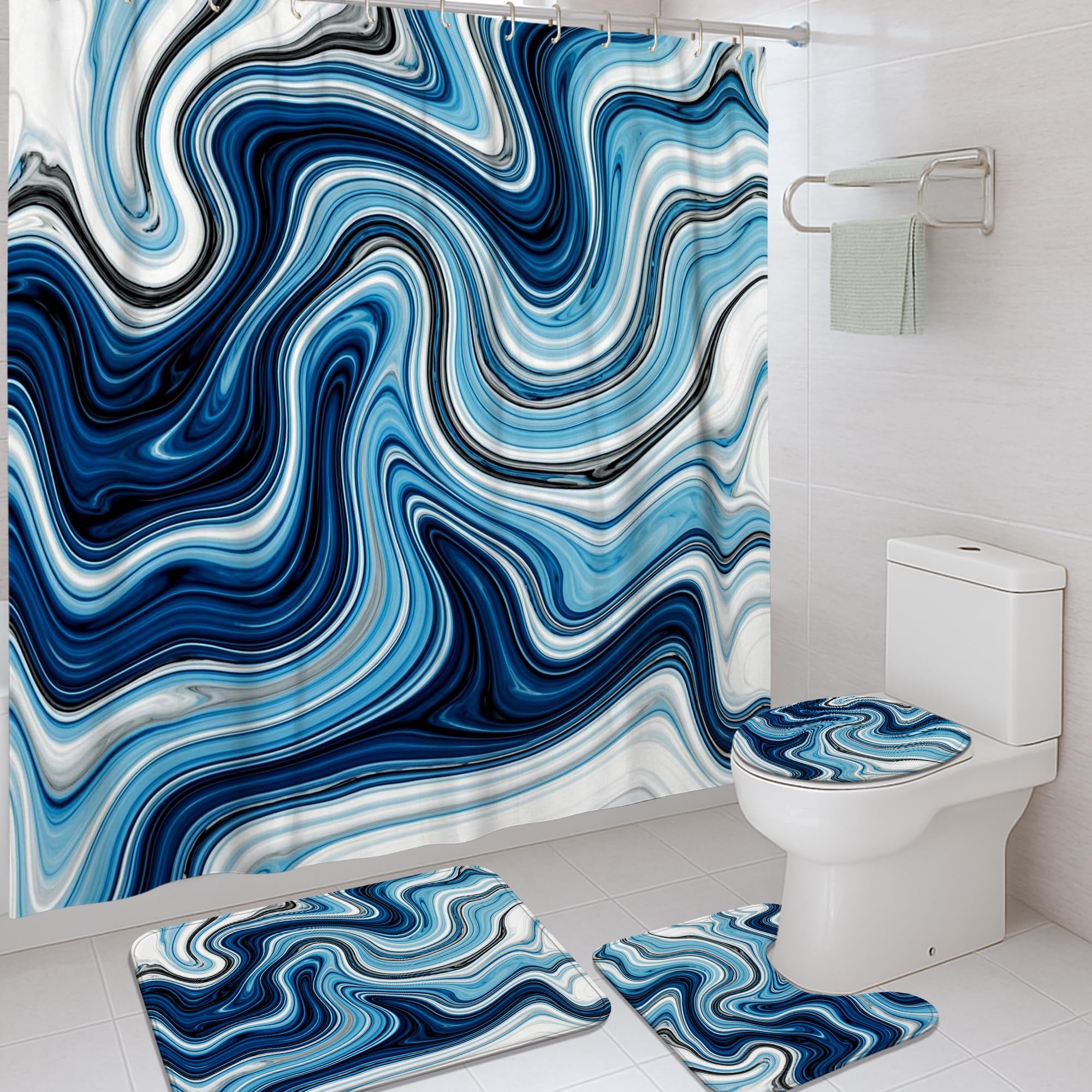 Rideau de douche vagues lavable : fini les moisissures, kit complet bleu