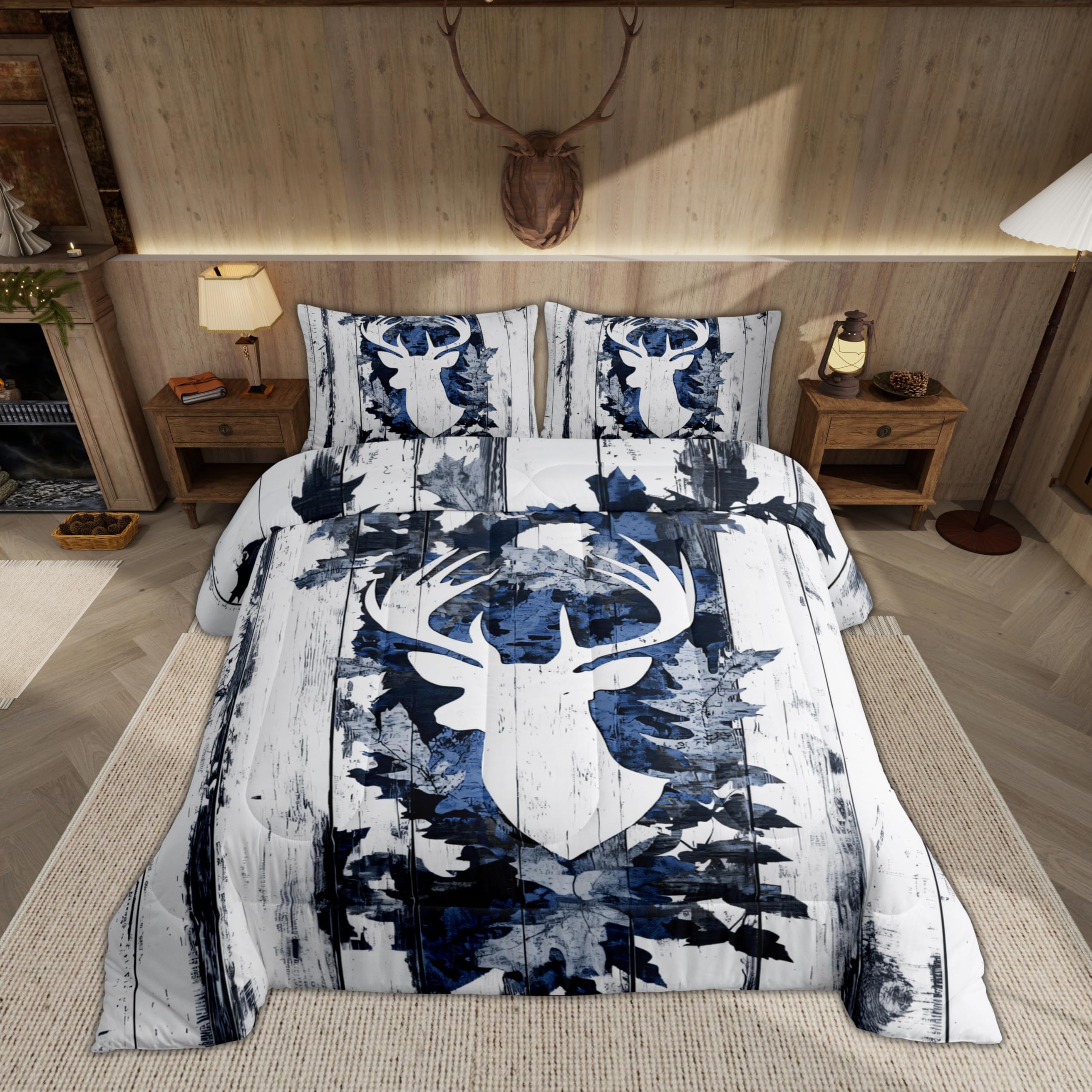 Feelyou Camo Deer Bedding Set Queen Size, Deer Hunting Comforter for Kids Boys Girls, Army Camouflage Comforter Set, Western Duvet Insert, Microfiber Bed Set