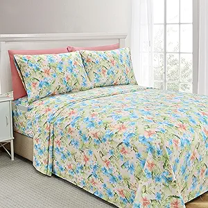 Elegant Comfort Softest and Coziest 6-Piece Sheet Set - 1500 Premium Hotel Quality Microfiber - Deep Pocket, Wrinkle Resistant 6-Piece Floral Magnolia Pattern Bed Sheet Set, Twin, Magnolia