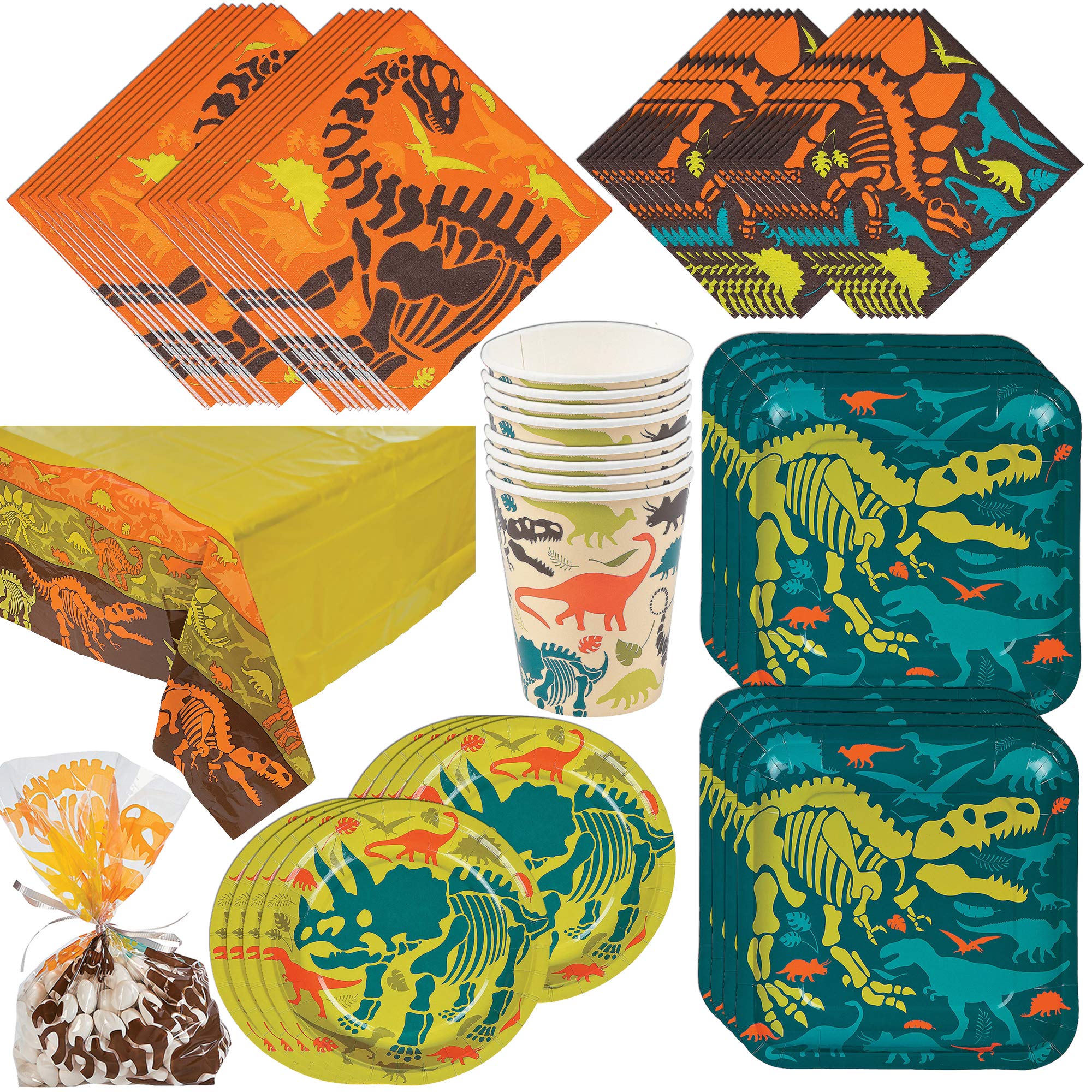 Fun Express Dino Party Bundle | Dinner & Dessert Plates, Luncheon & Beverage Napkins, Cups, Cellophane Bags, Tablecloth | Great for Dinosaur Party