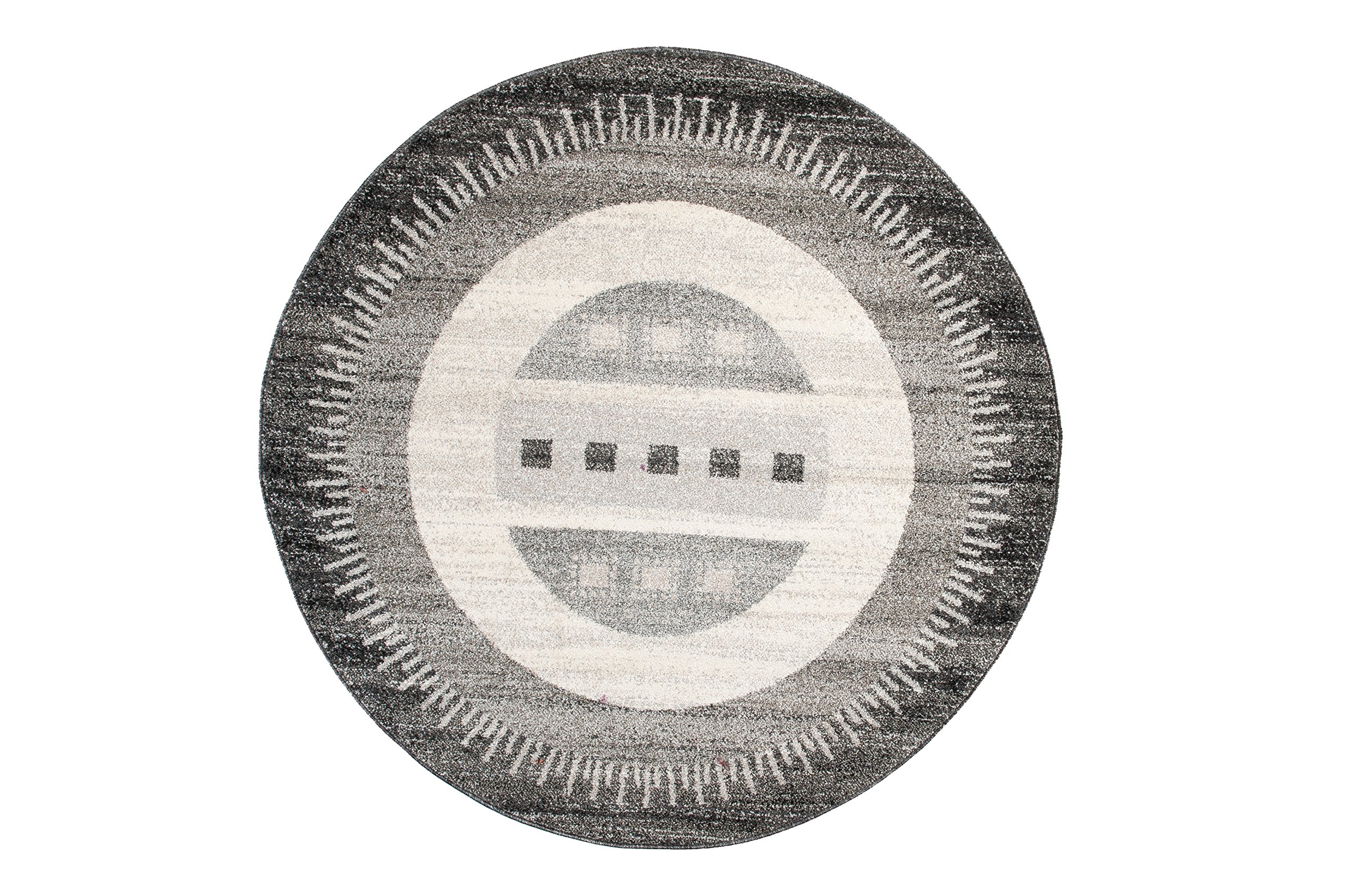 TAPISO Sari dywan okrągły, szary, kremowy, nowoczesny, w paski, czworokąty, koła, nakrapiany, bordiura, design, do salonu, sypialni, Ökotex 150 x 150 cm