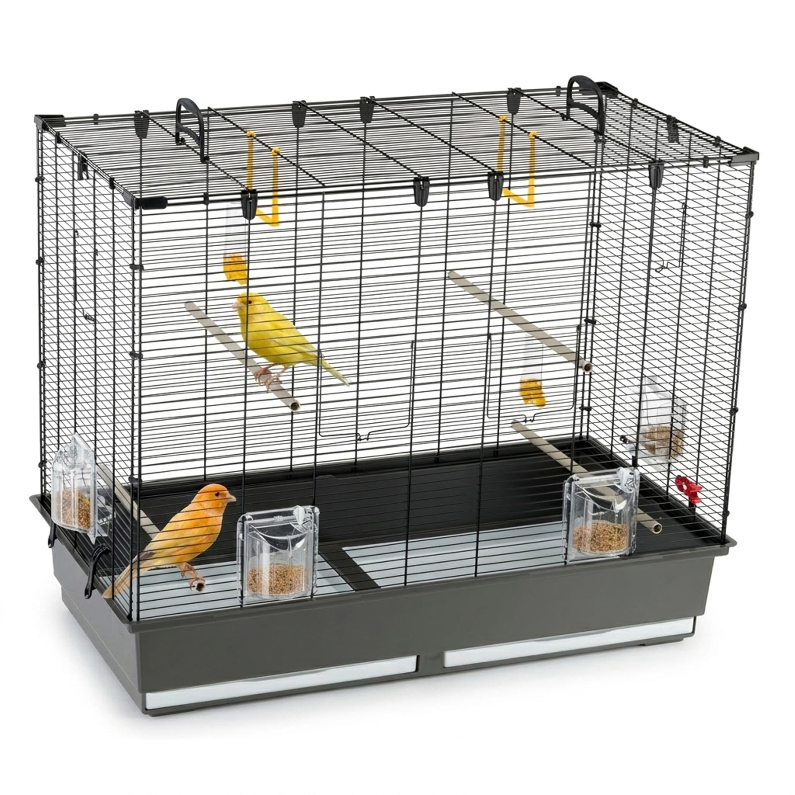 Ferplast Amplia Jaula para Canarios, periquitos y pequeños pájaros exóticos Piano 6, con Accesorios, Percha Modular y comederos giratorios, Pintado Negro y cubeta Marrón, 87 x 46,5 x h 70 cm