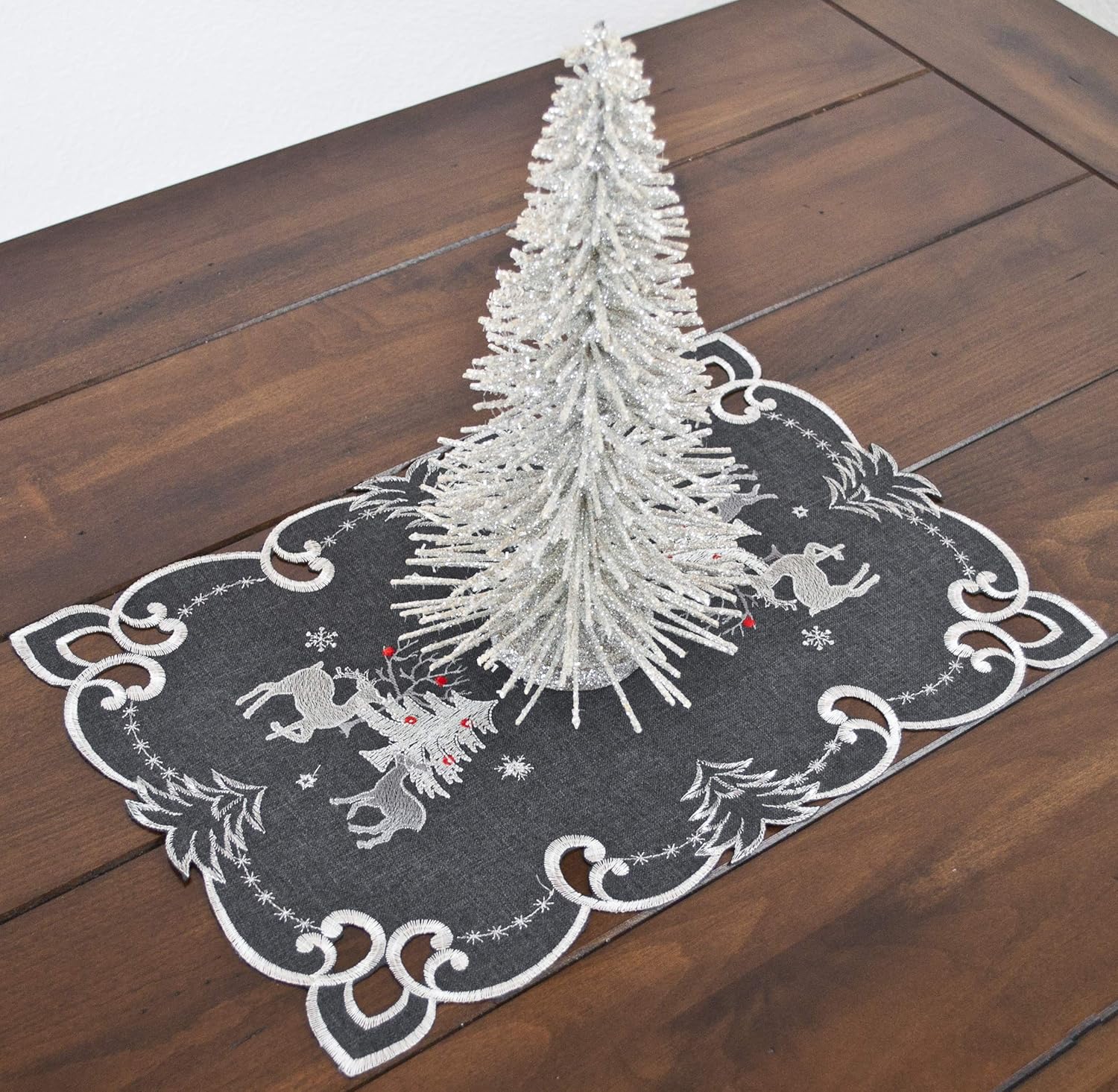 Embroidered Christmas Holiday Silver Reindeer & Christmas Scene on Dark Gray Rectangle Placemat Dresser Scarf (12.5 Wx17L Set of 4)