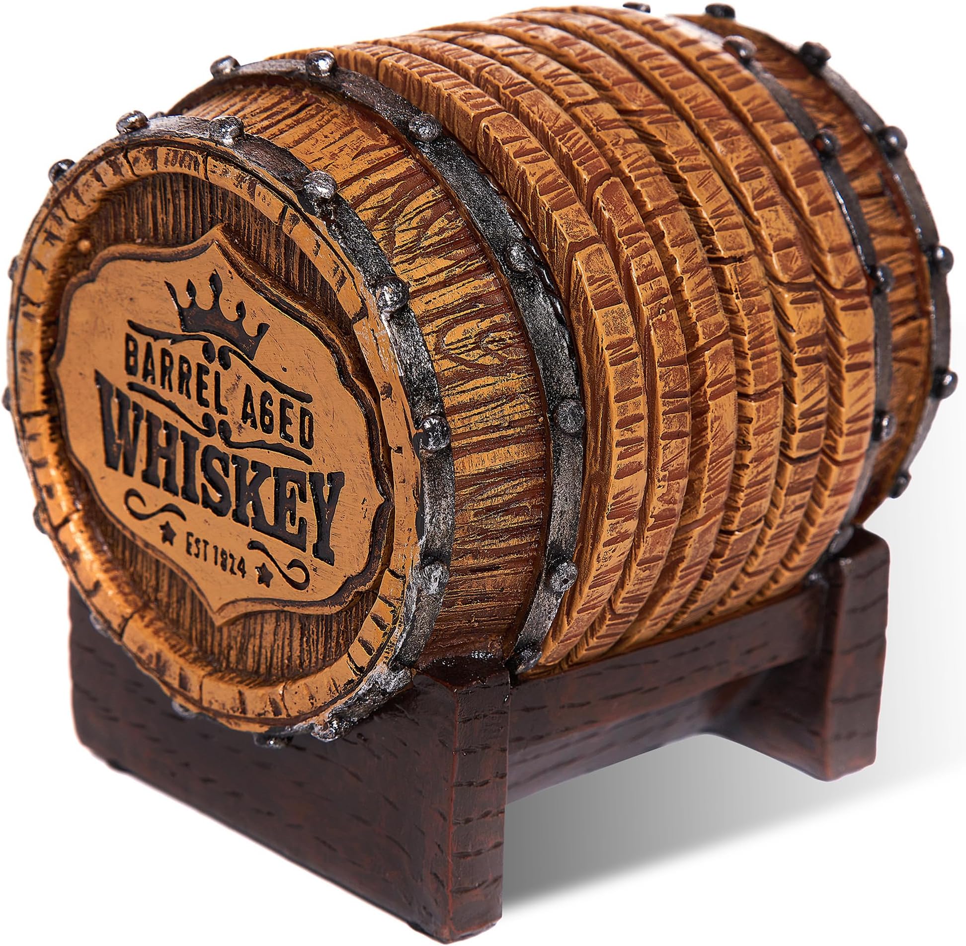 Cabin Obsession Whiskey Barrel Coaster Set – 6 Full Size Rustic Resin Coasters with Barrel Style Holder for Man Cave Décor