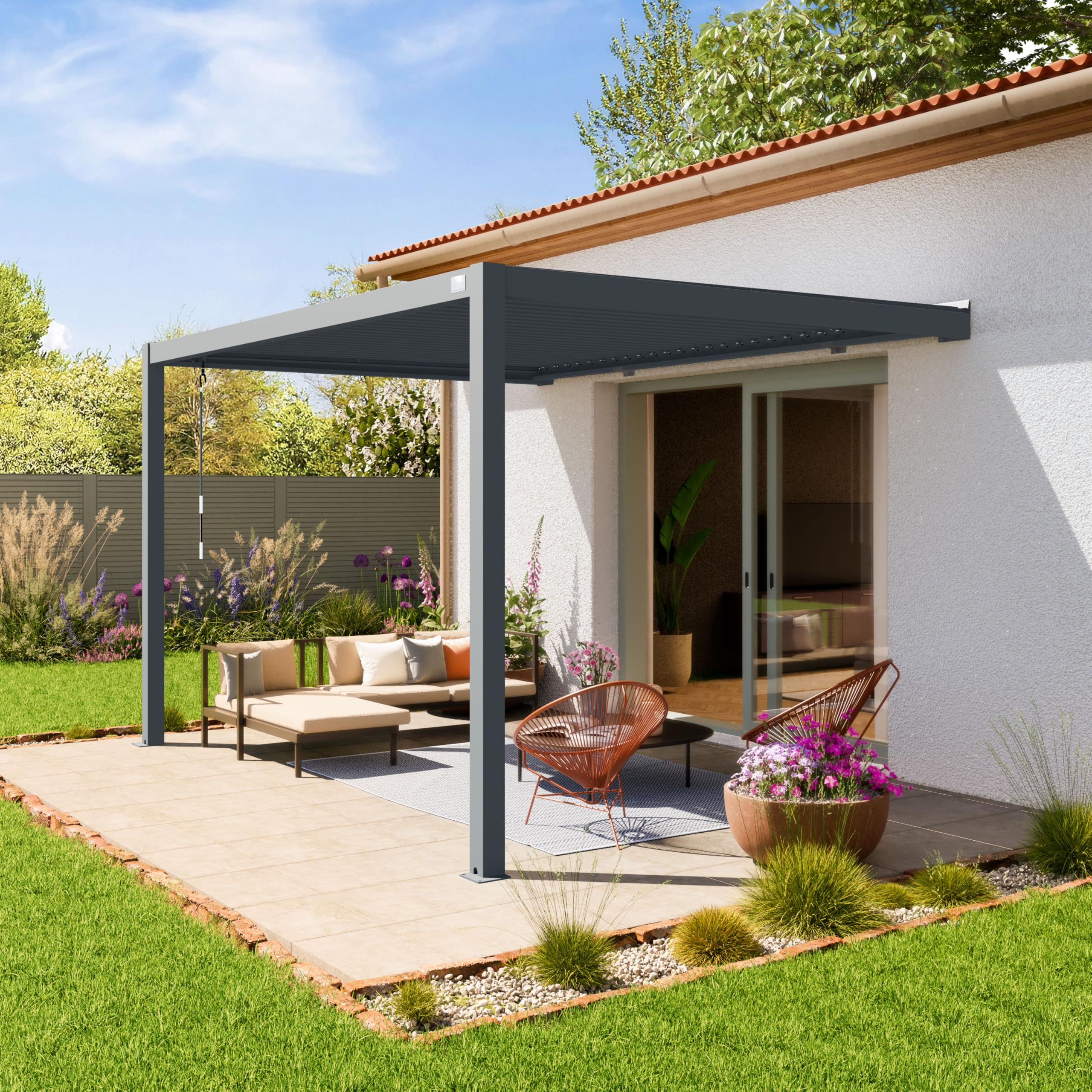 PRIMEYARD Pergola adossée 3x4 m poteaux en Aluminium avec Lames orientables en Acier pergola Murale Anthracite
