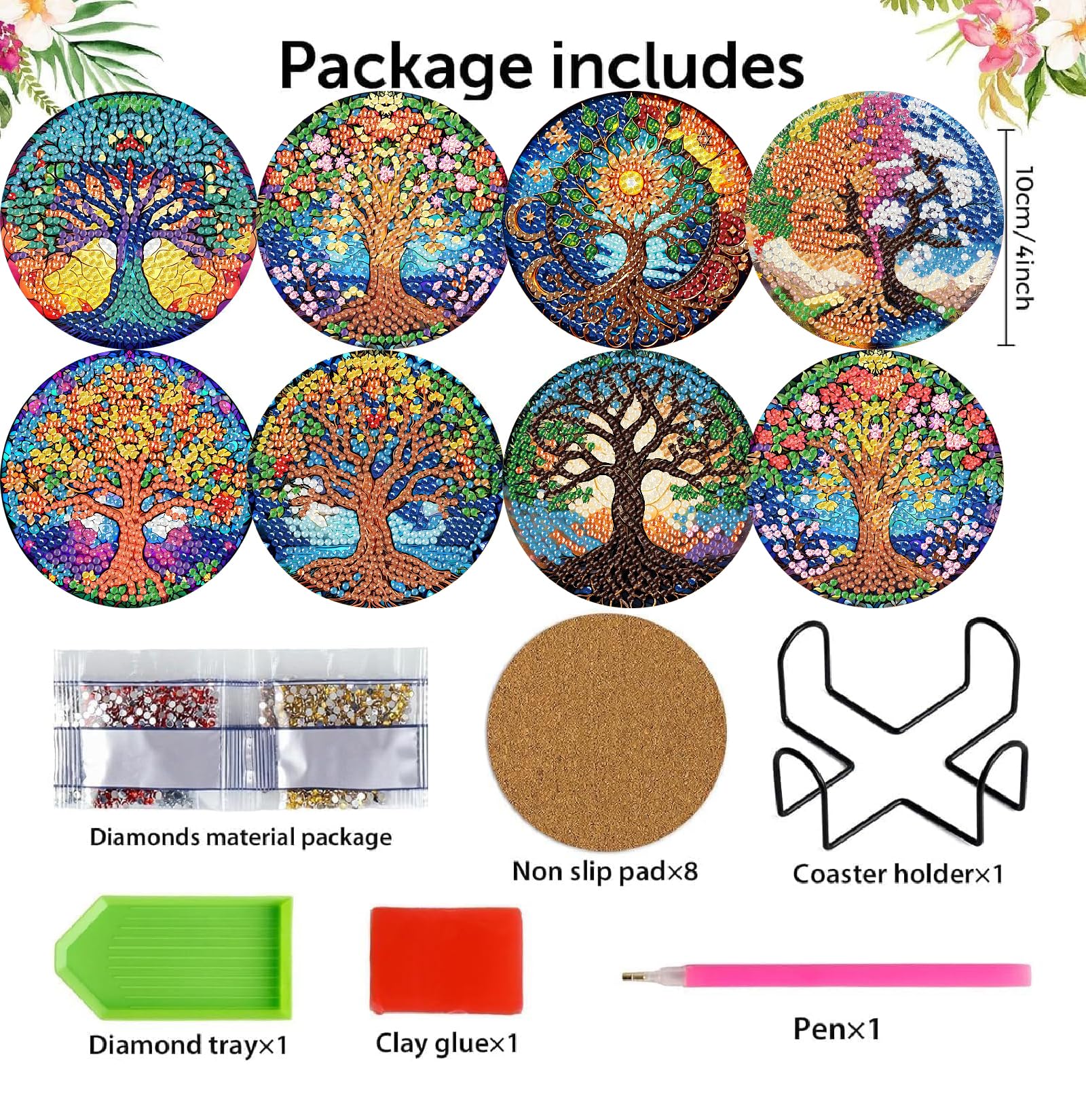 8 Pcs Diamond Art Coasters Kits with Holder - Image 3