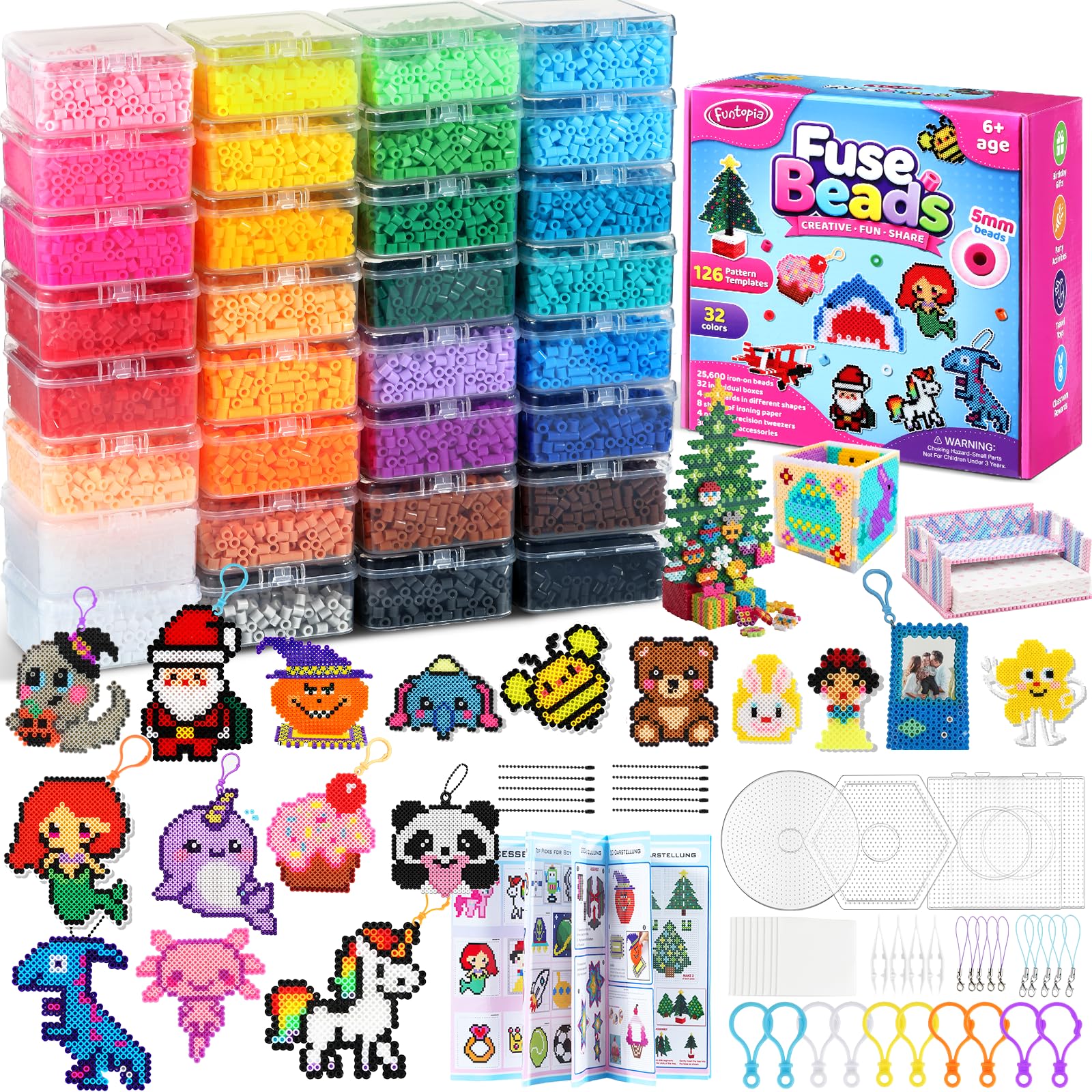 Funtopia 25600pcs Fuse Beads Kit, 32 Colors 5mm Melting Beads in 32 Boxes