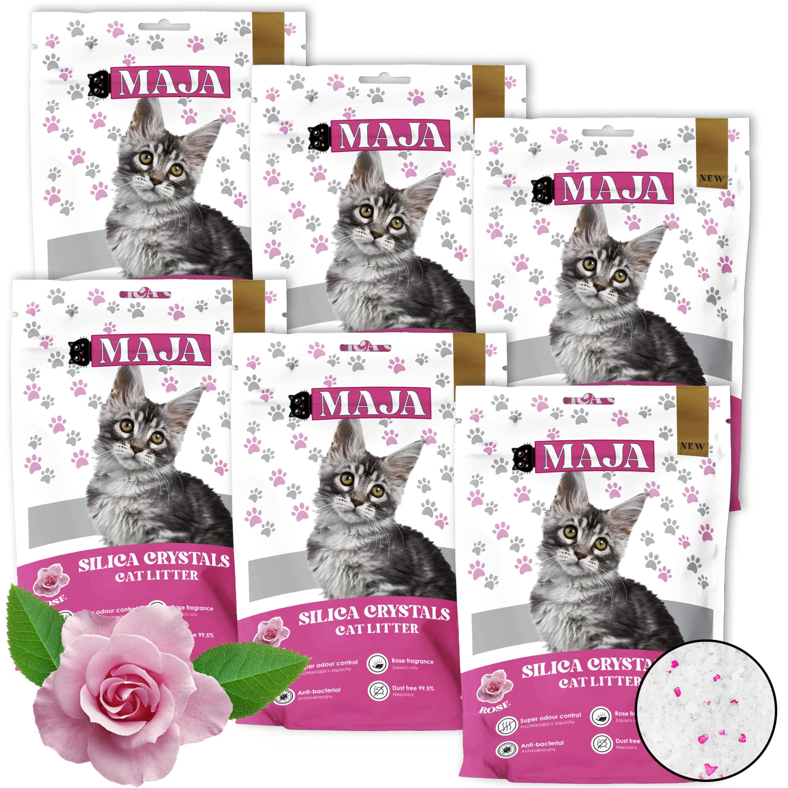 Silikat Katzenstreu mit Rosenduft - 100% Natürliches, Bio, Premium Silica Gel Katzenstreu, Antibakteriell & Staubfrei für Hygienische Katzentoiletten - Umweltfreundlich & Sicher