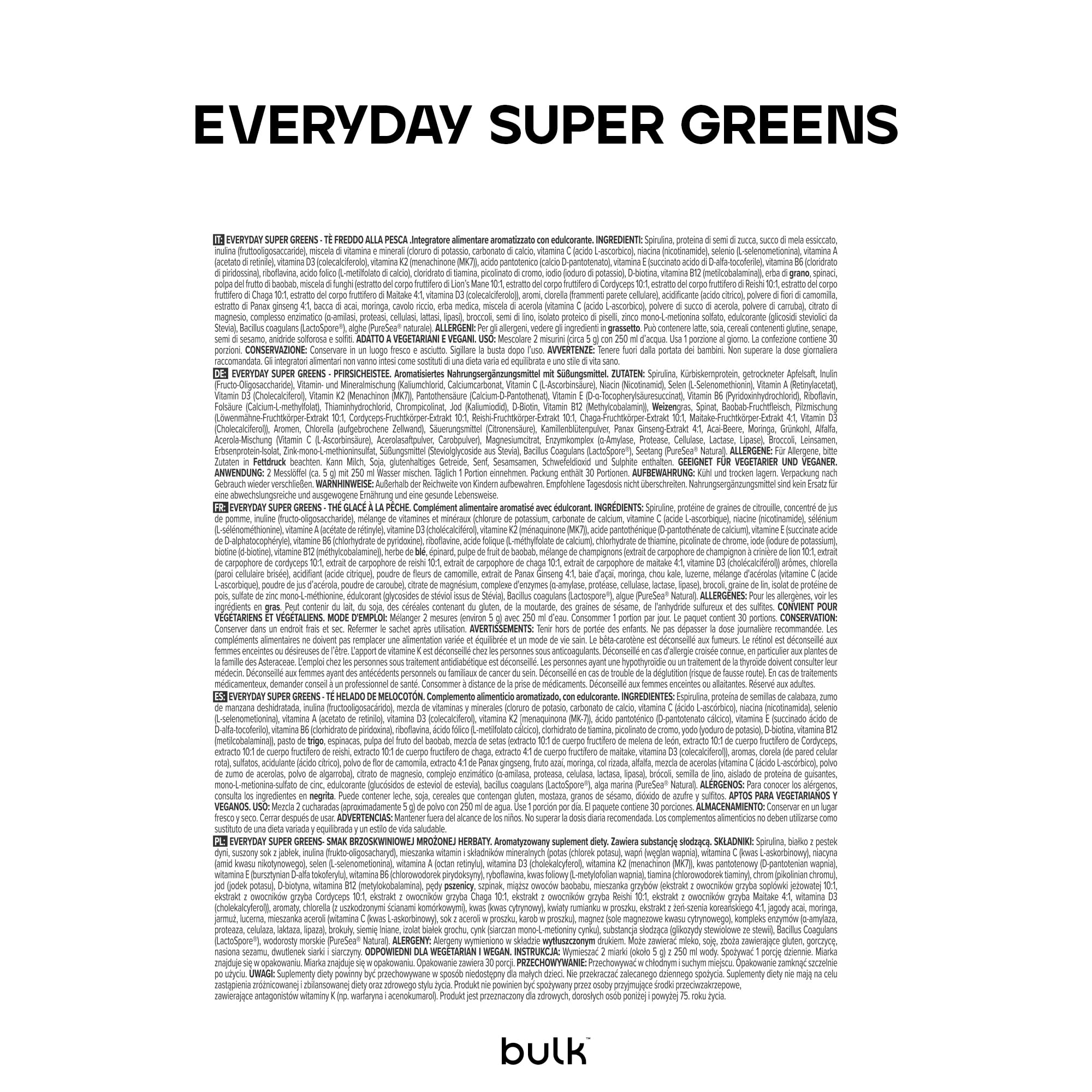 Bulk Everyday Super Greens Poudre | Thé Pêche Glacé | 60 Portions | Avec 50 Vitamines, Minéraux & Superaliments | Riche en Vitamine C, D & B12 | Soutient Immunité & Bien-être