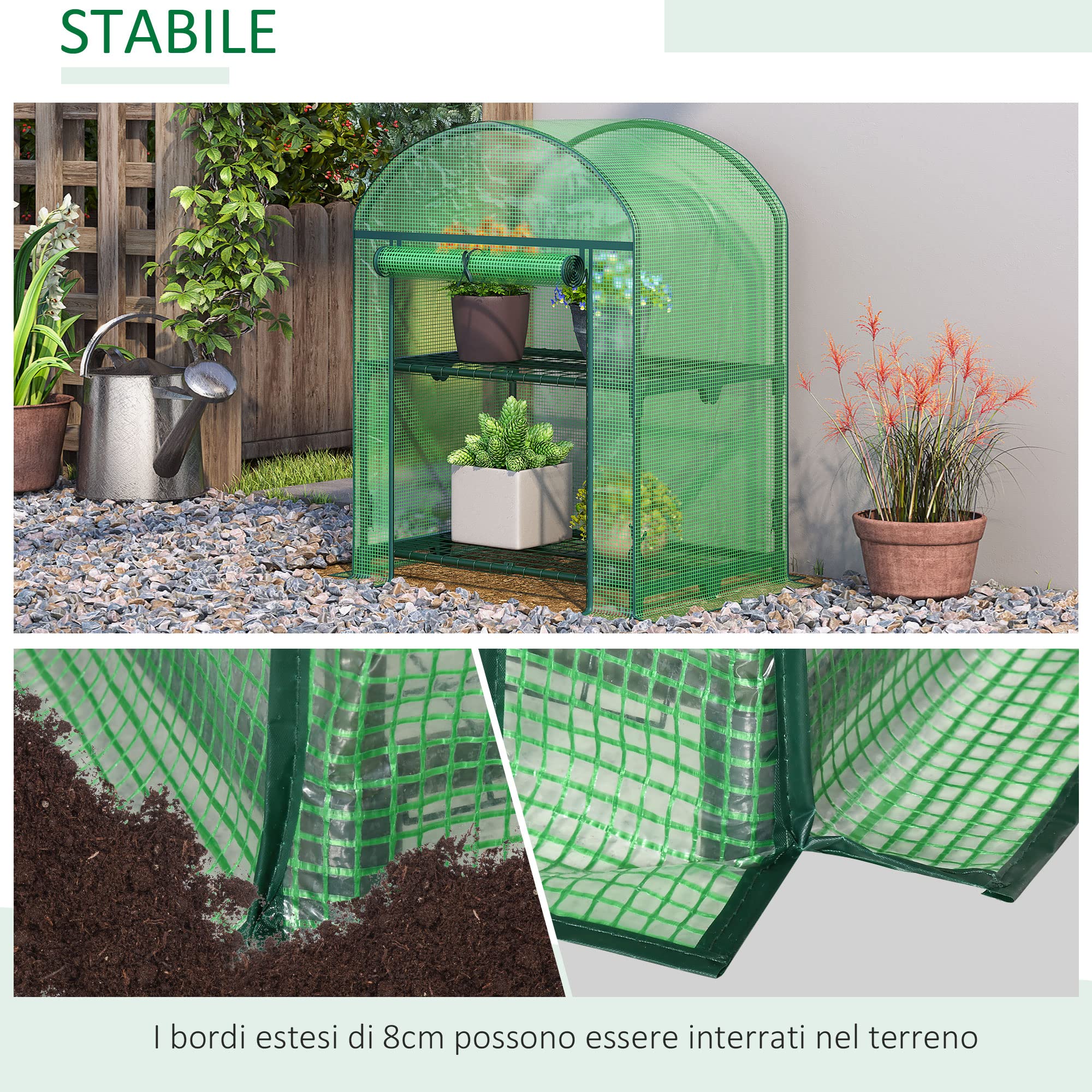 Outsunny Mini Serra da Giardino con 2 Ripiani in Metallo e Copertura in PE, Serra da Balcone e Terrazza Compatta 69x49x91cm, Verde