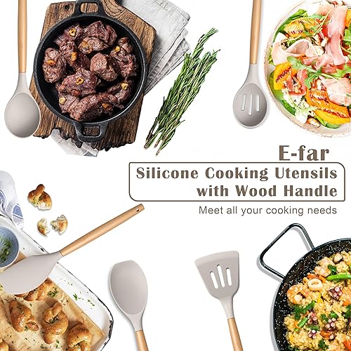 Miniatura 6 de E-far Juego de utensilios de cocina de silicona, juego de utensilios de cocina de 5 piezas con mango de madera para cocinar, herramientas