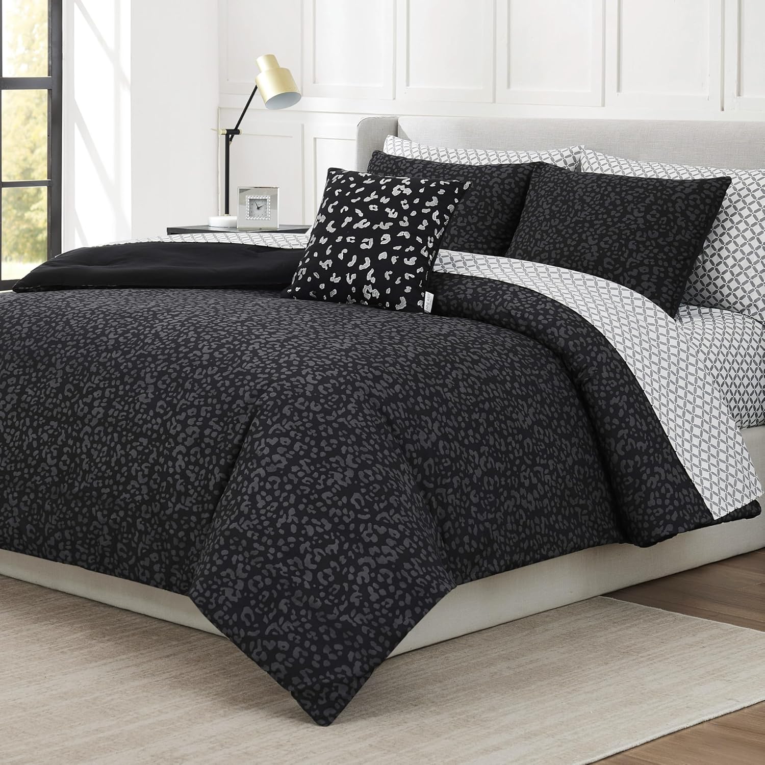 Nine West Black Leopard Comforter Set 8-Piece Bed in a Bag, Queen