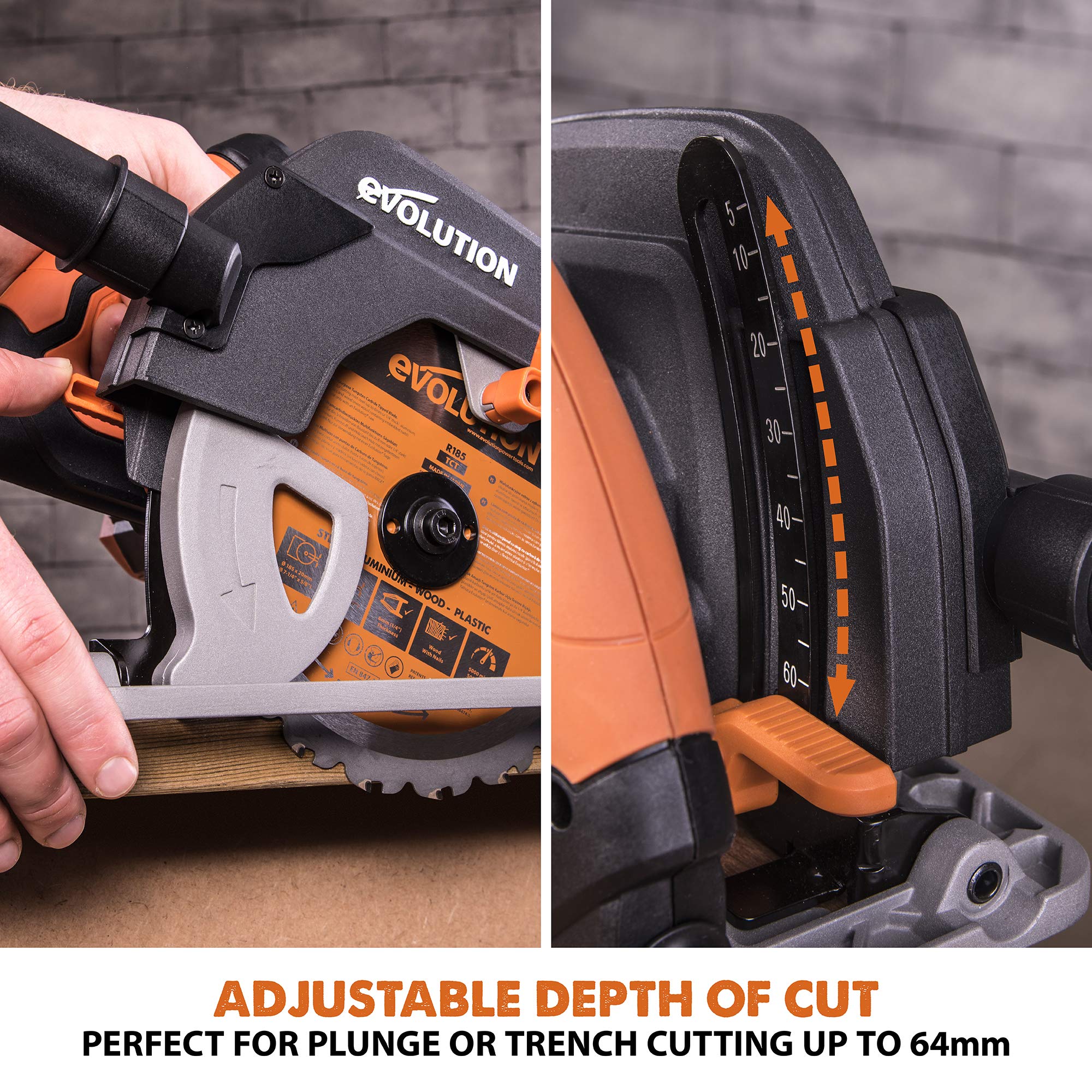 Evolution Power Tools - Scie Circulaire Multi-Matériaux Compatible avec un Guide R185CCSX (Pack Combiné avec Guide 1020 mm Fourni), 185 mm, 230 V 027-0003
