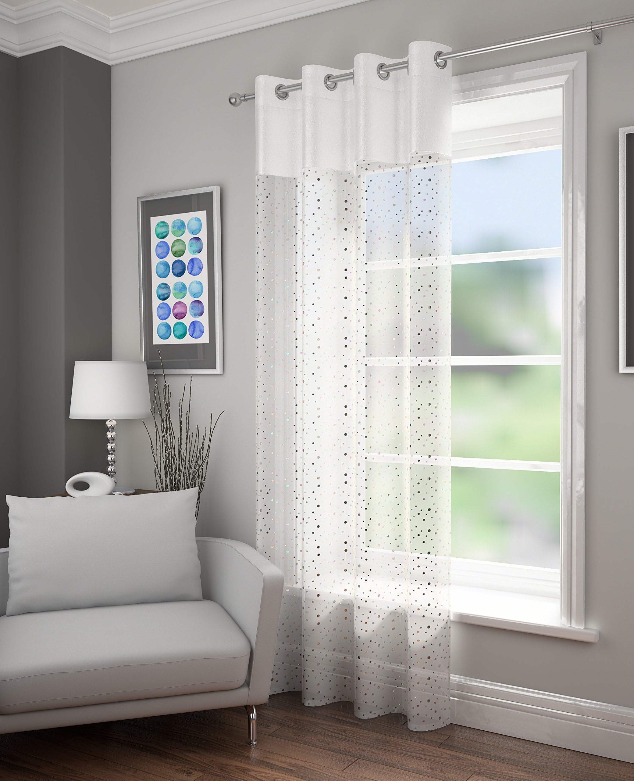 Filigree Sequins Diamante Window Voile Net Curtain Panel With Eyelet Grommet Top 55"Wide x 72"Drop White