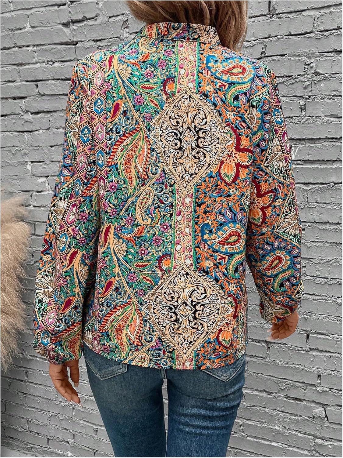 WDIRARA Women's Paisley Print Blouse Notch V Neck Long Sleeve Shirts Boho Tops - Image 3