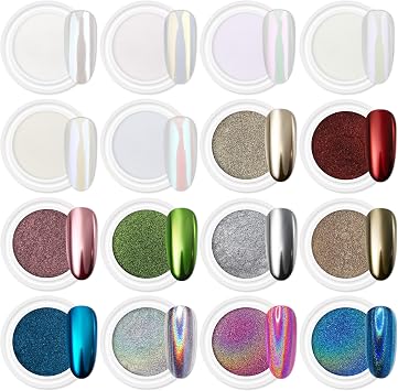 16 Jars Chrome Nail Powder Nail Art Fimo 1g/Jar White Pearl | Mirror Effect Silver Metallic Holographic Dip Nail Powder For Resin Craft Decoration Iridescent Aurora Mermaid Pigment