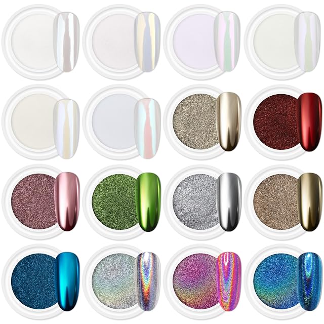 Artdone 16Jars Chrome Nail Powder Magic White Pearl Kit Mirror Effect Silver Metallic Holographic Dip Nail Powder for