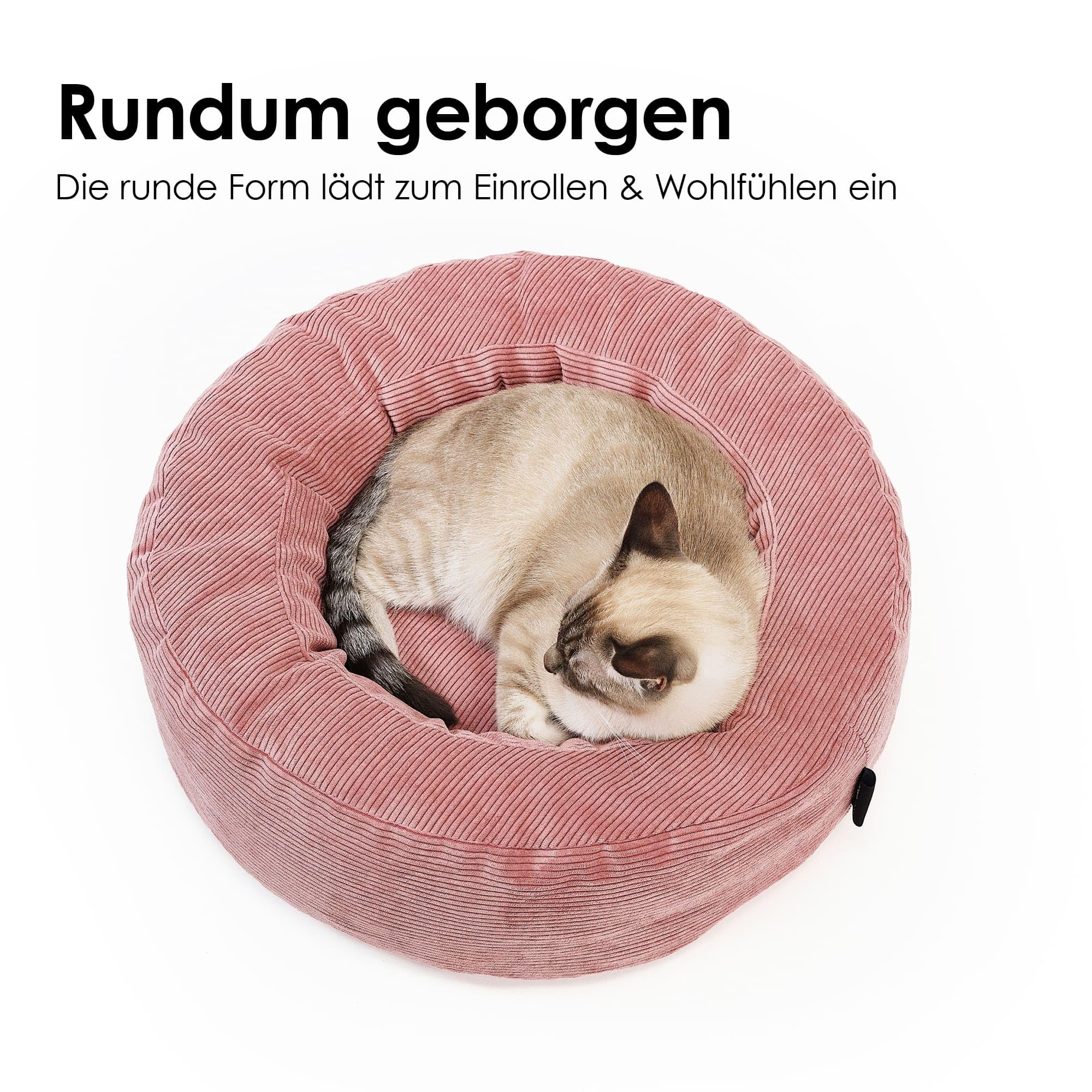 LucyBalu® Nest Katzenbett rund aus Cord I kompakter Schlafplatz zum Einkuscheln I waschbar mit abnehmbarem Bezug I Ø 55 cm für Kitten & kleinere Rassen I Sand